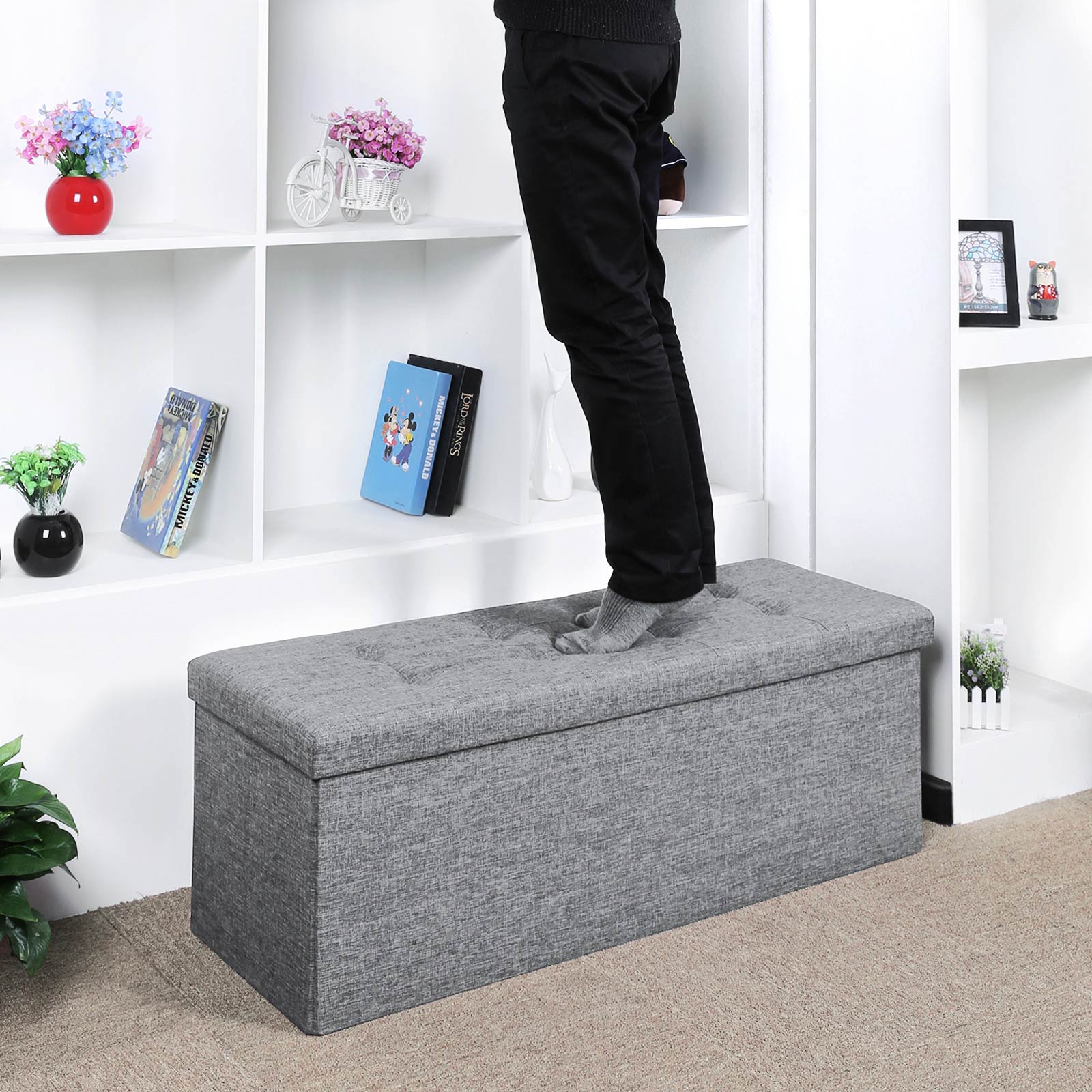 Folding Storage Ottoman - Linen Fabric - Light Grey - Large Size with Storage Compartment