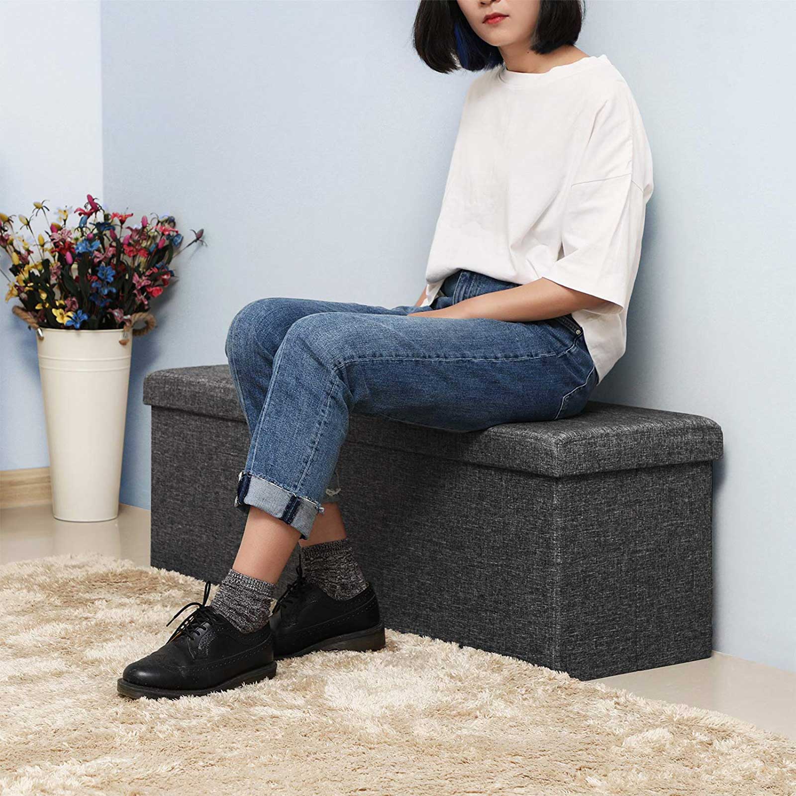 Folding Storage Ottoman - Linen Fabric - Light Grey - Large Size with Storage Compartment