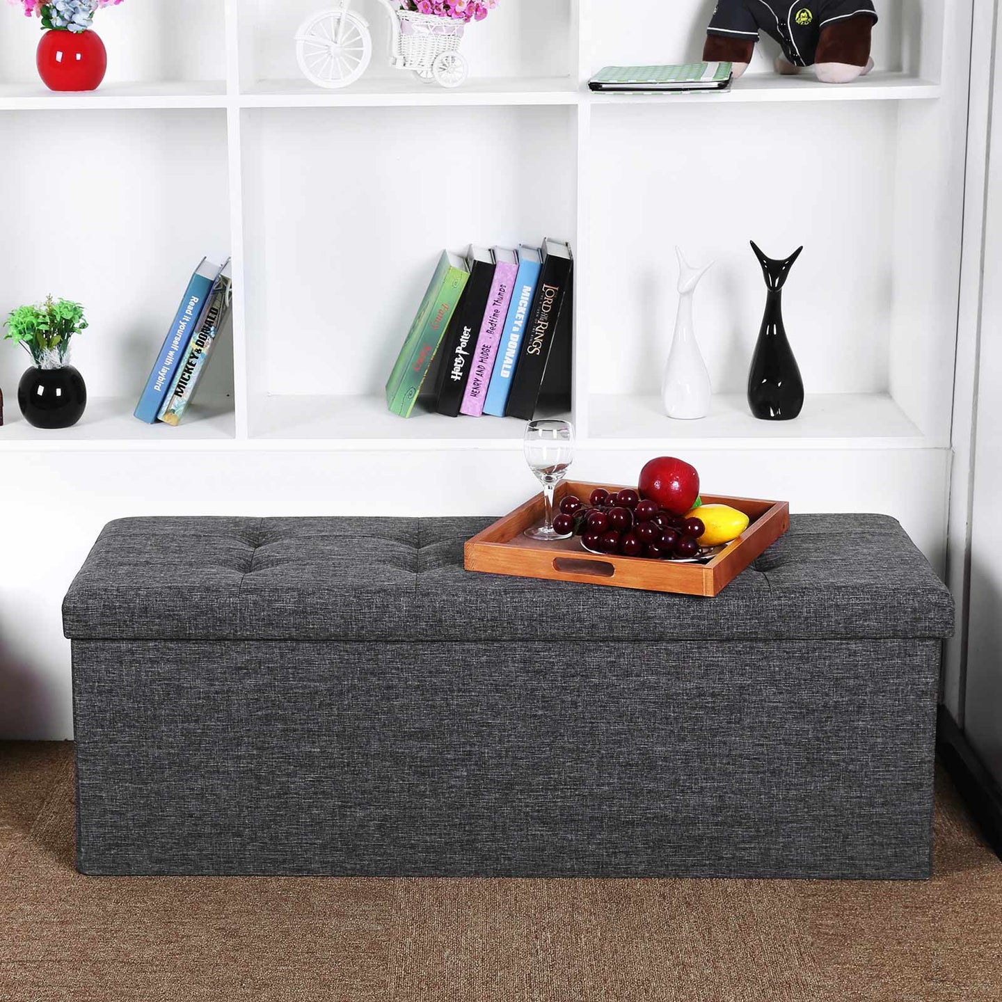 Folding Storage Ottoman - Linen Fabric - Light Grey - Large Size with Storage Compartment