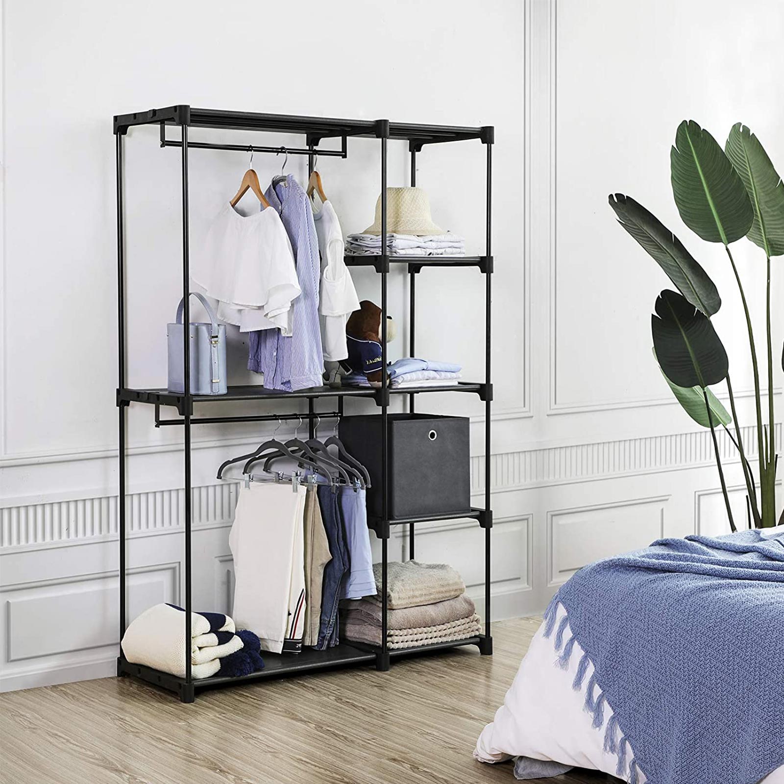 Freestanding Closet Organiser - Metal - Black - Foldable with Clothes Rails