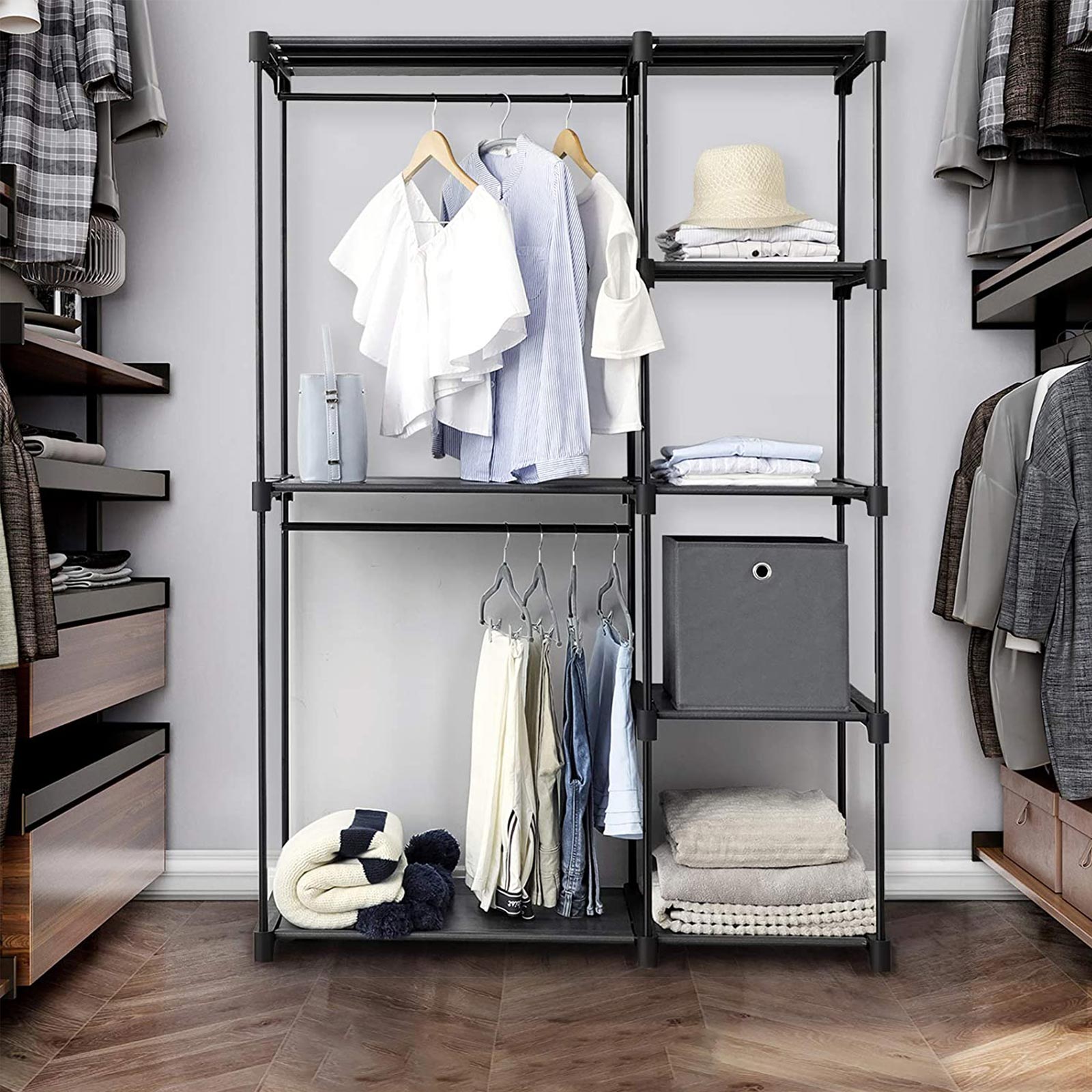 Freestanding Closet Organiser - Metal - Black - Foldable with Clothes Rails