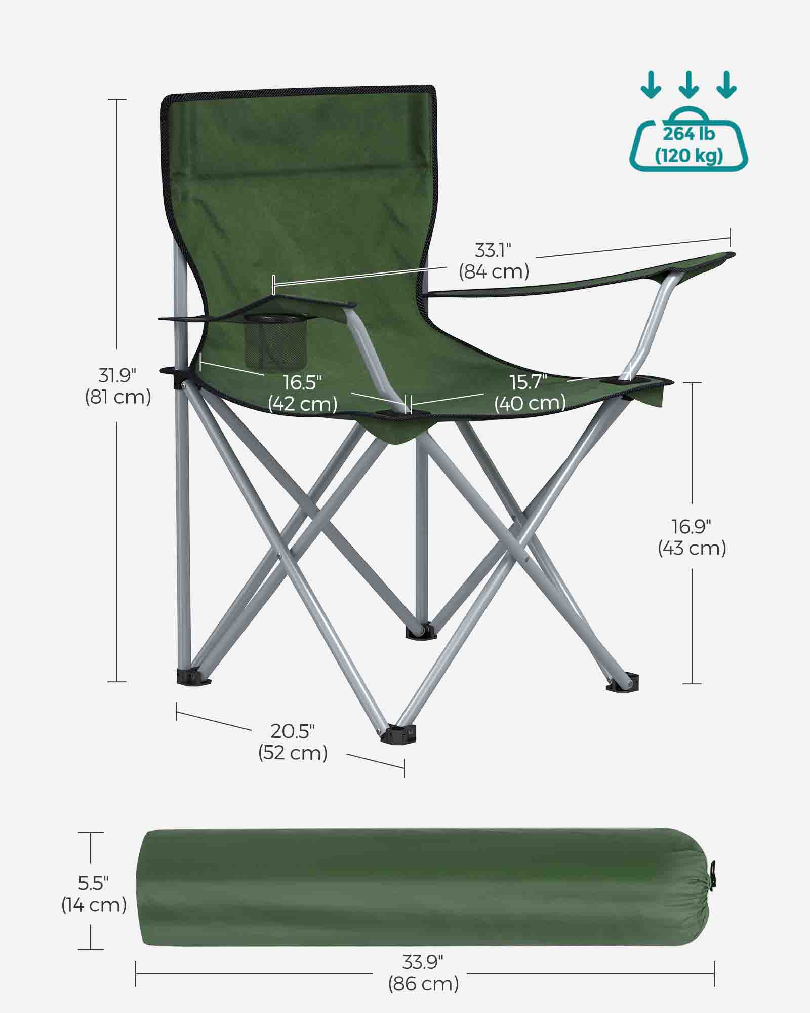 Set of 2 Foldable Camping Chairs - Fabric - Green - Armrests and Cup Holder