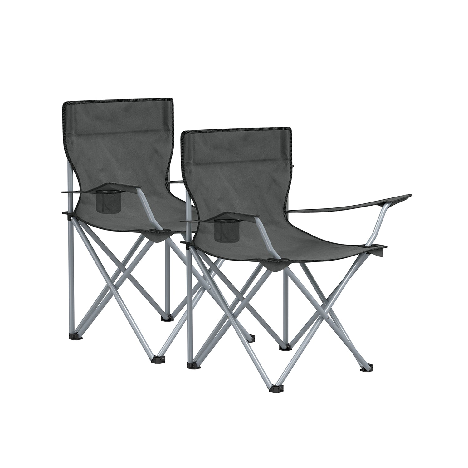 Set of 2 Folding Camping Chairs - Steel - Slate Grey - with Armrests and Cup Holder