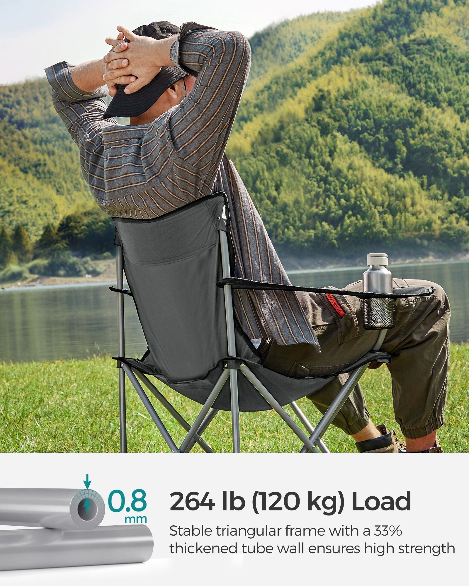 Set of 2 Folding Camping Chairs - Steel - Slate Grey - with Armrests and Cup Holder