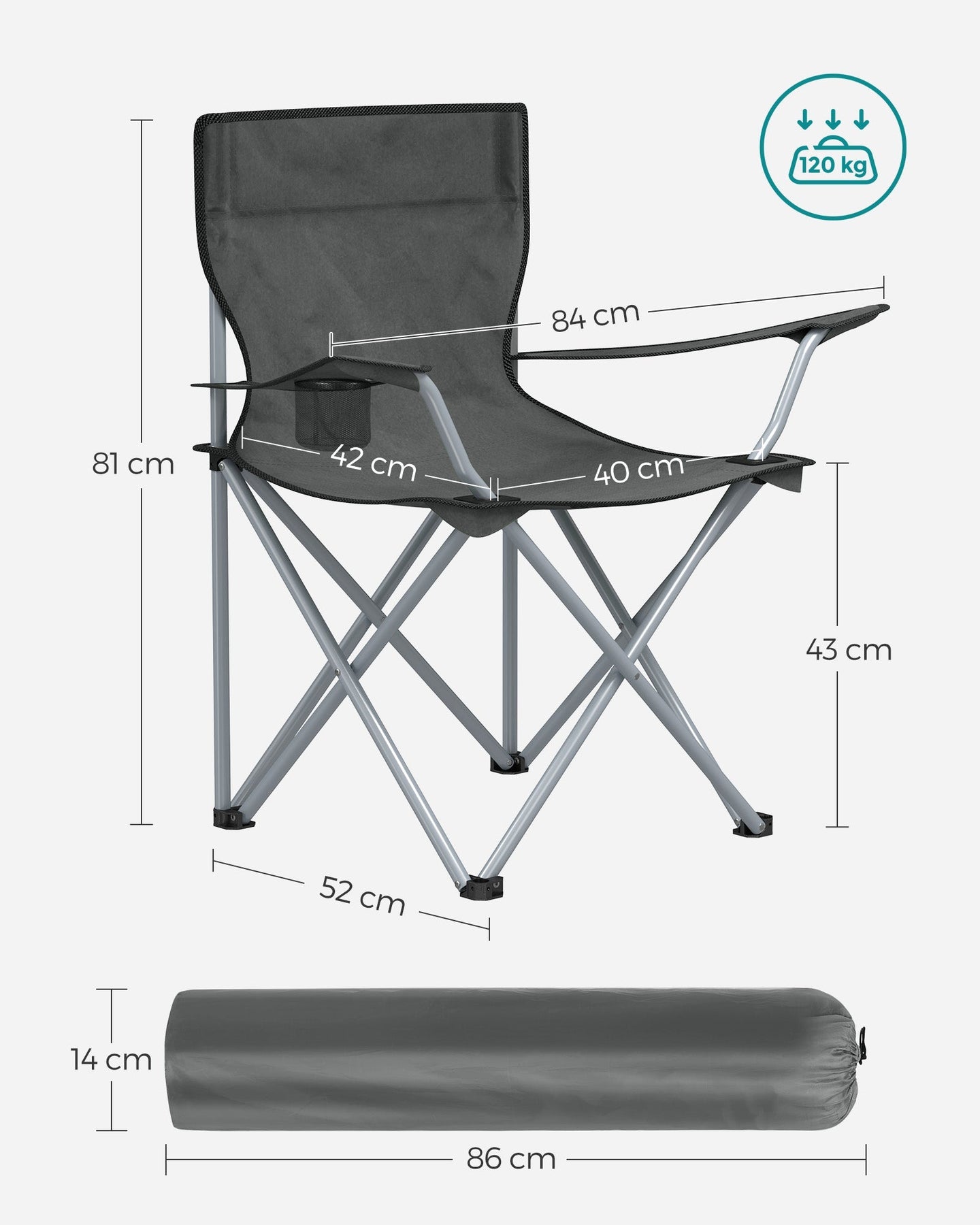 Set of 2 Folding Camping Chairs - Steel - Slate Grey - with Armrests and Cup Holder