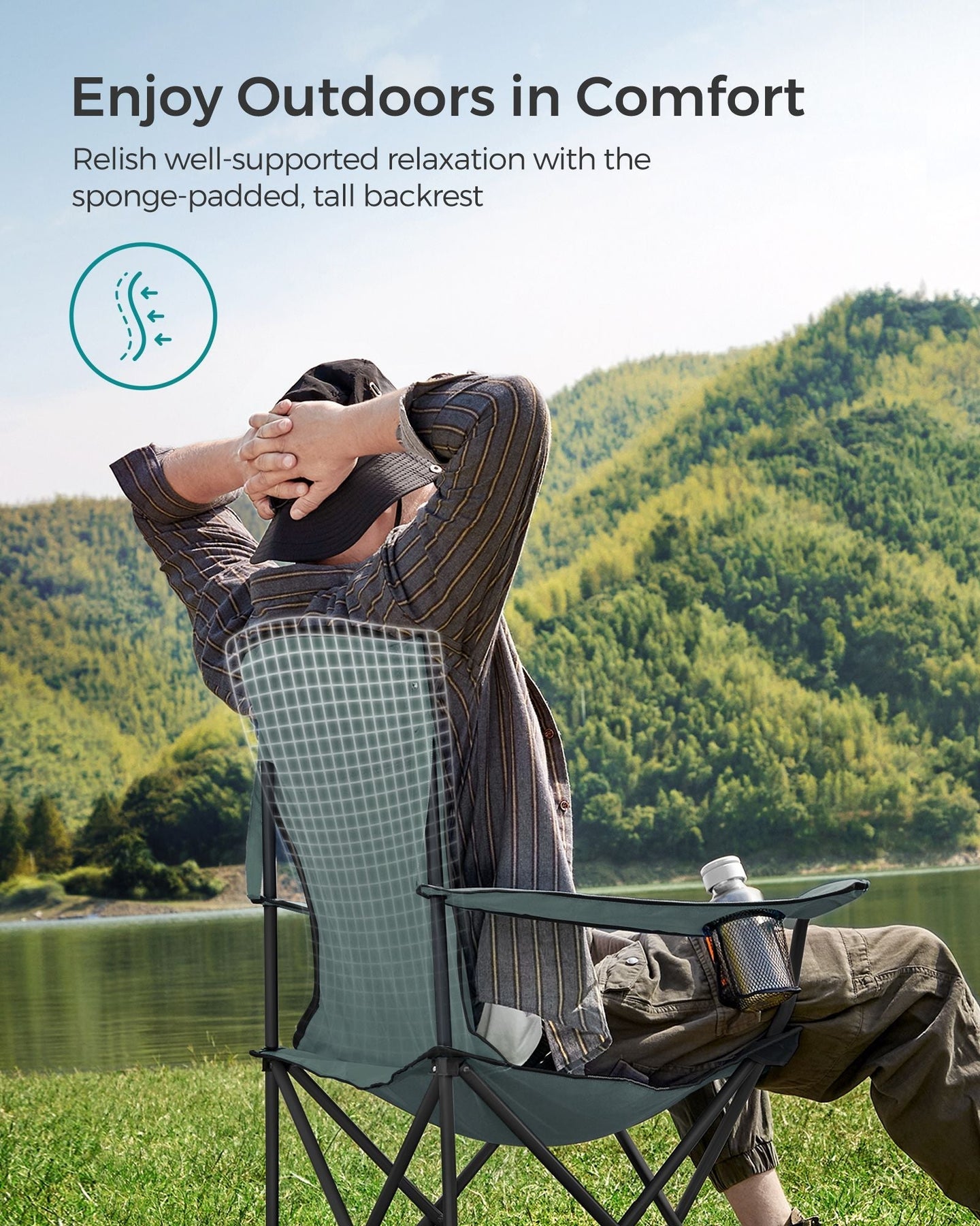 Folding Camping Chair - Fabric - Black and Green - Max Load Capacity 250 kg with Cup Holder