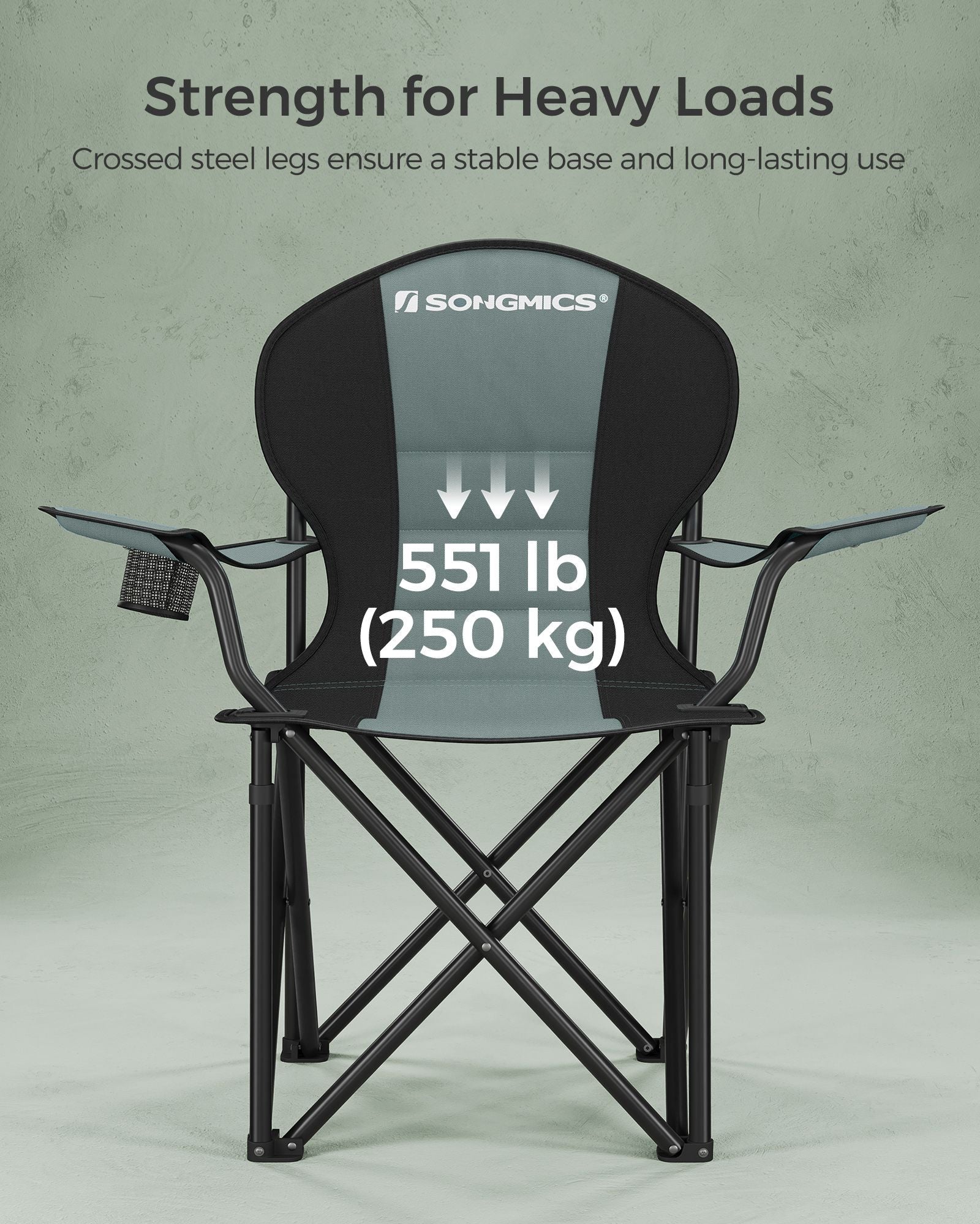 Folding Camping Chair - Fabric - Black and Green - Max Load Capacity 250 kg with Cup Holder