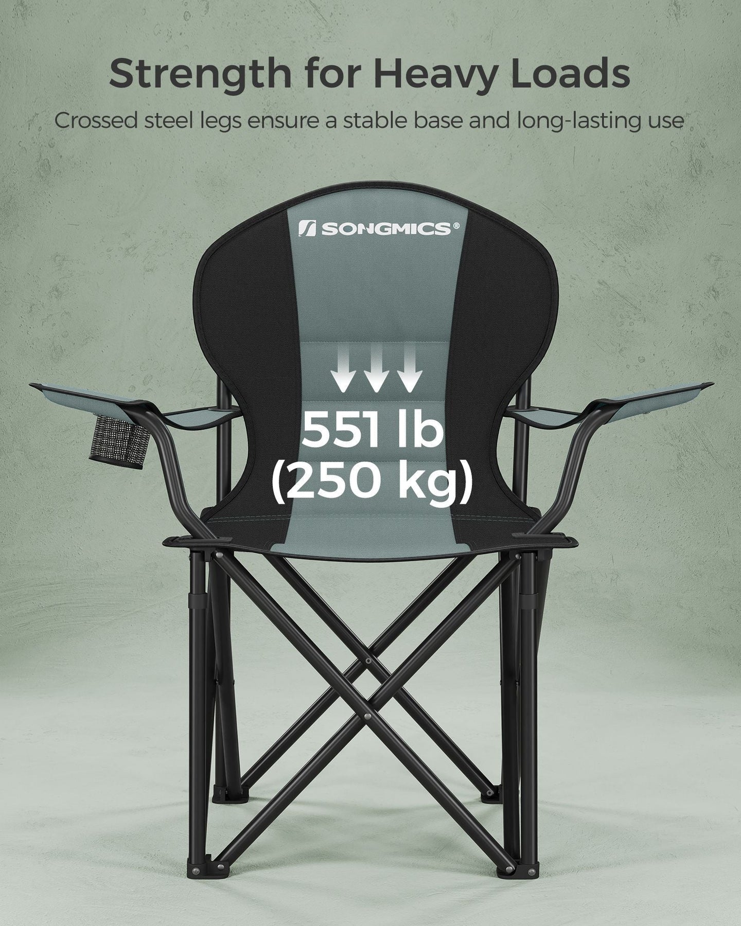 Folding Camping Chair - Fabric - Black and Green - Max Load Capacity 250 kg with Cup Holder