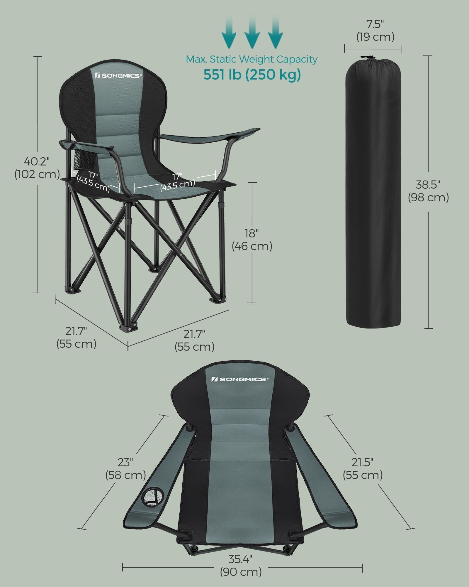Folding Camping Chair - Fabric - Black and Green - Max Load Capacity 250 kg with Cup Holder
