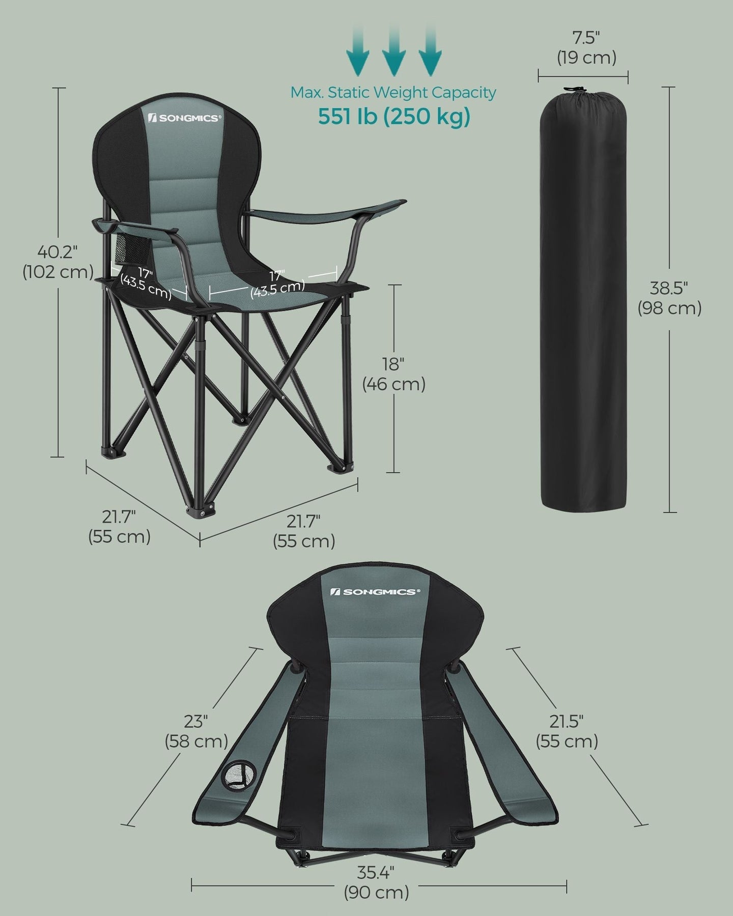Folding Camping Chair - Fabric - Black and Green - Max Load Capacity 250 kg with Cup Holder