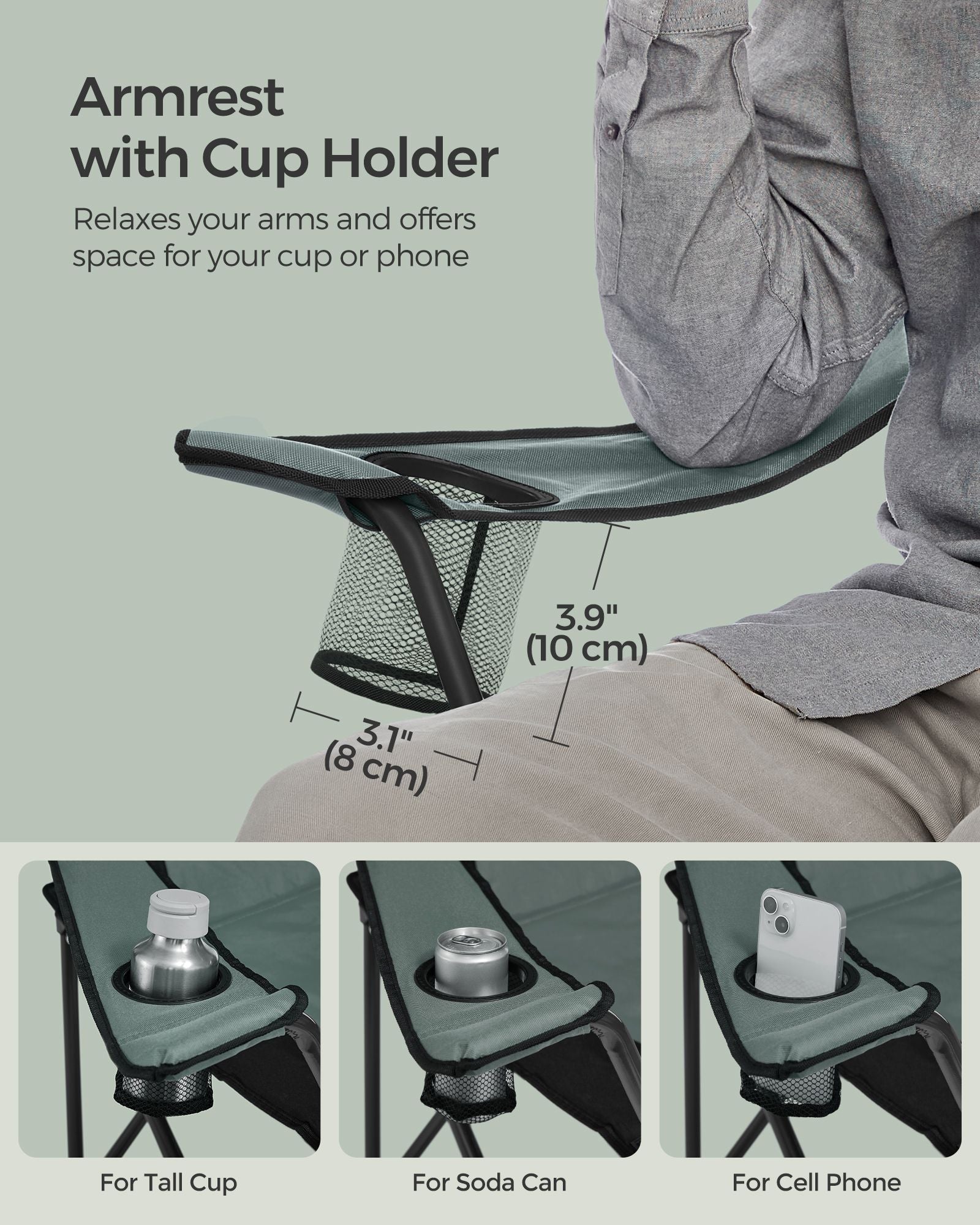 Folding Camping Chair - Fabric - Black and Green - Max Load Capacity 250 kg with Cup Holder