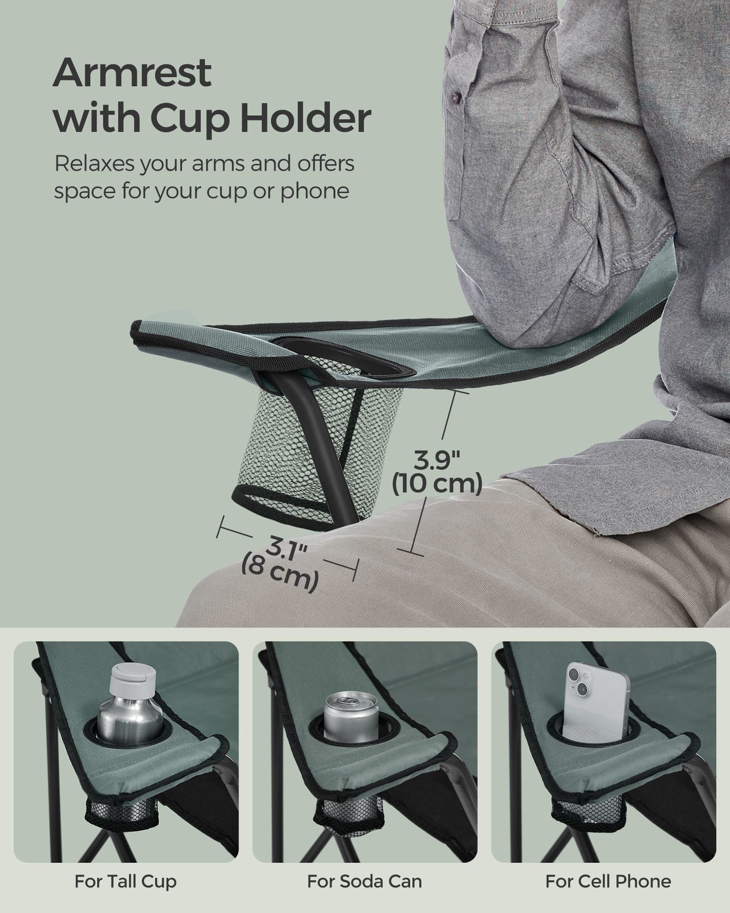 Folding Camping Chair - Fabric - Black and Green - Max Load Capacity 250 kg with Cup Holder