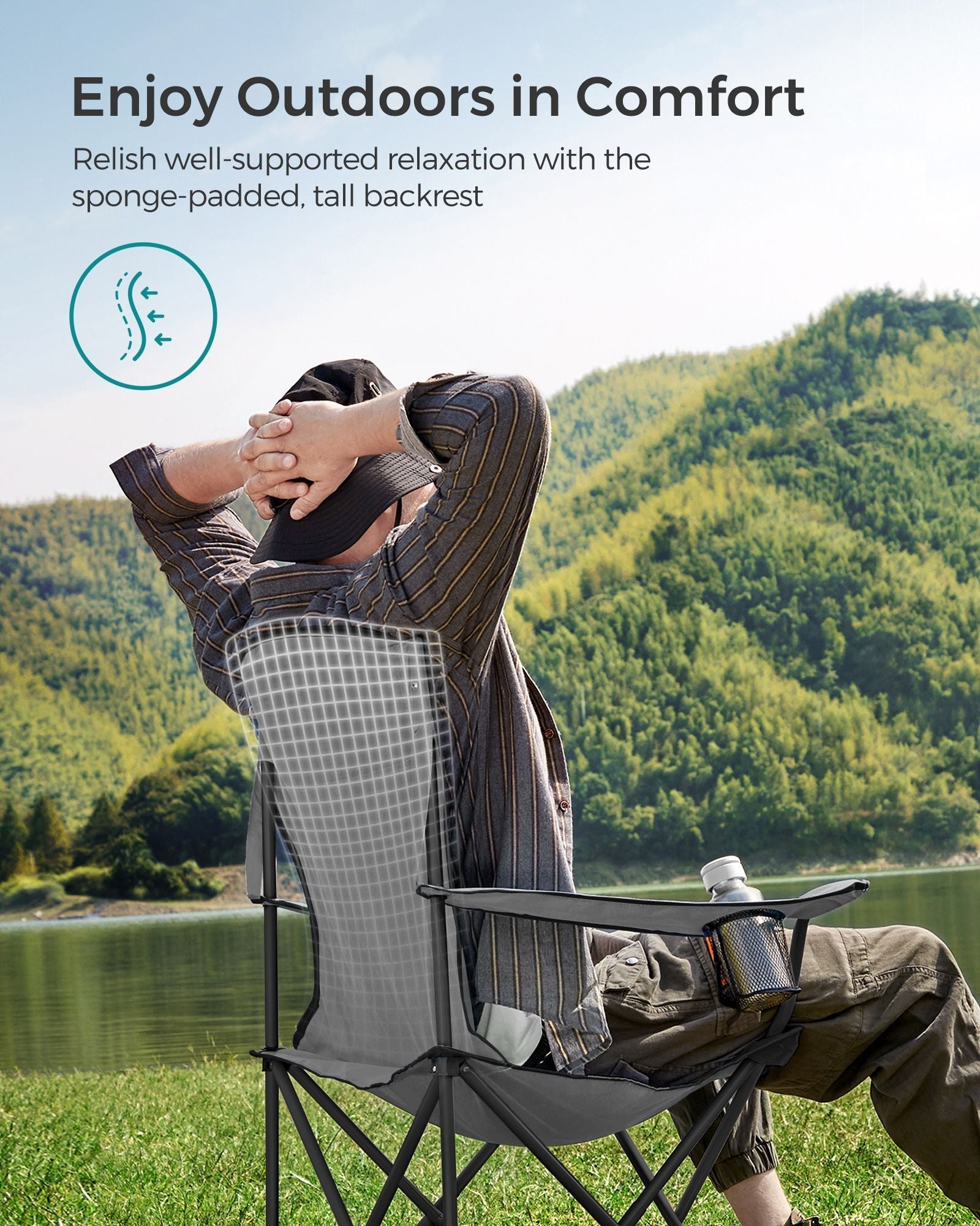 Foldable Camping Chair - Fabric - Black and Grey - Max. Load Capacity 250 kg with Cup Holder