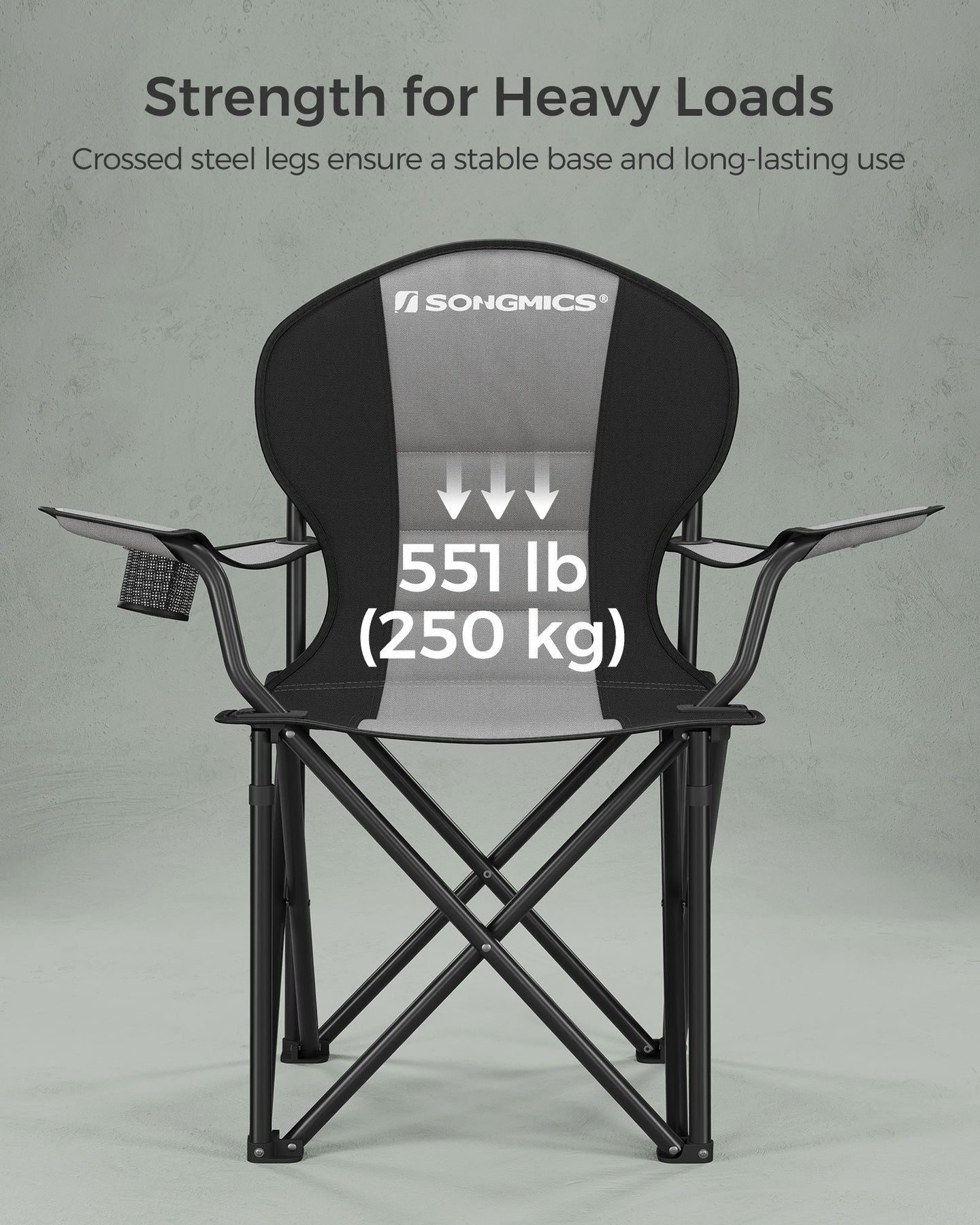 Foldable Camping Chair - Fabric - Black and Grey - Max. Load Capacity 250 kg with Cup Holder