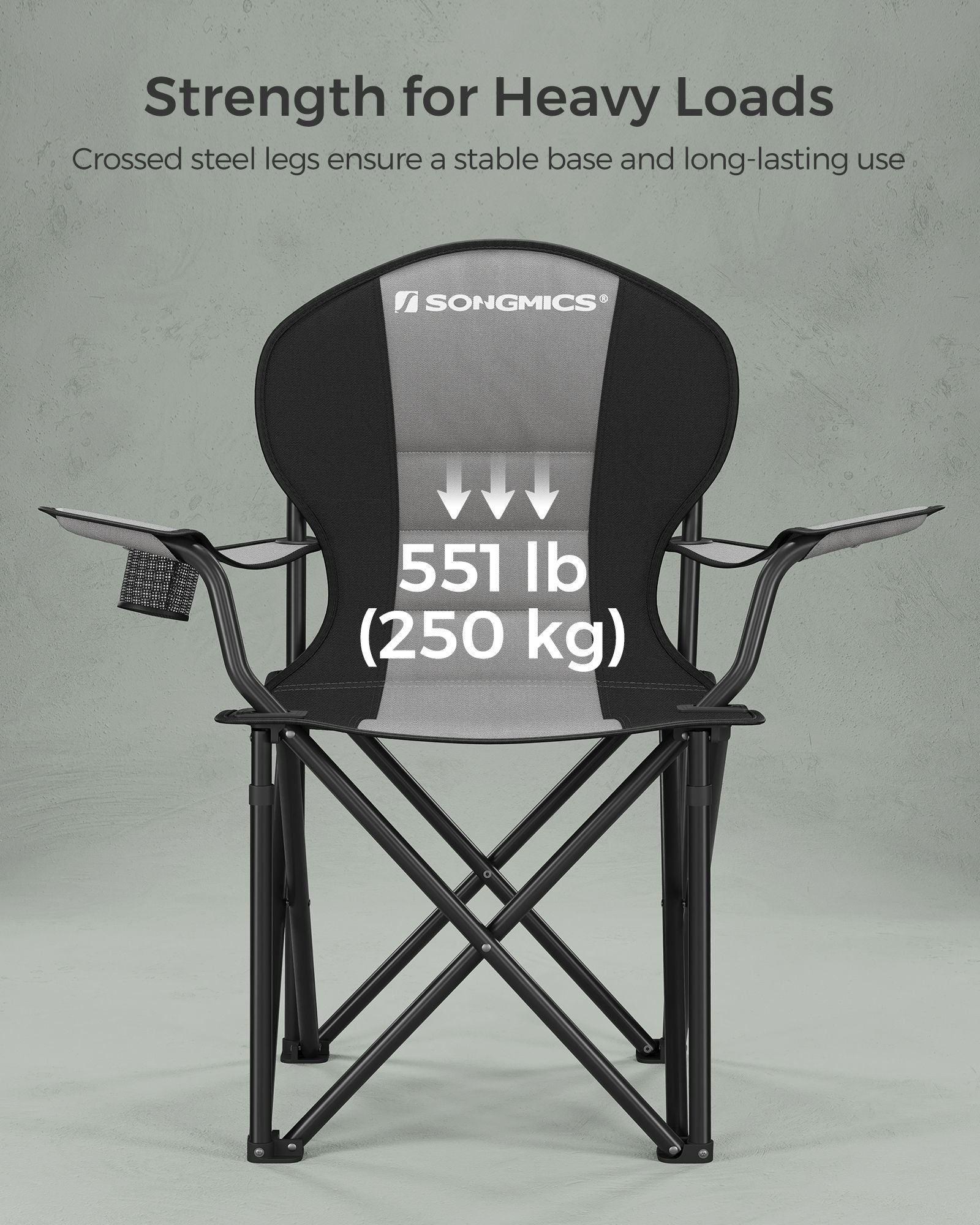 Foldable Camping Chair - Fabric - Black and Grey - Max. Load Capacity 250 kg with Cup Holder