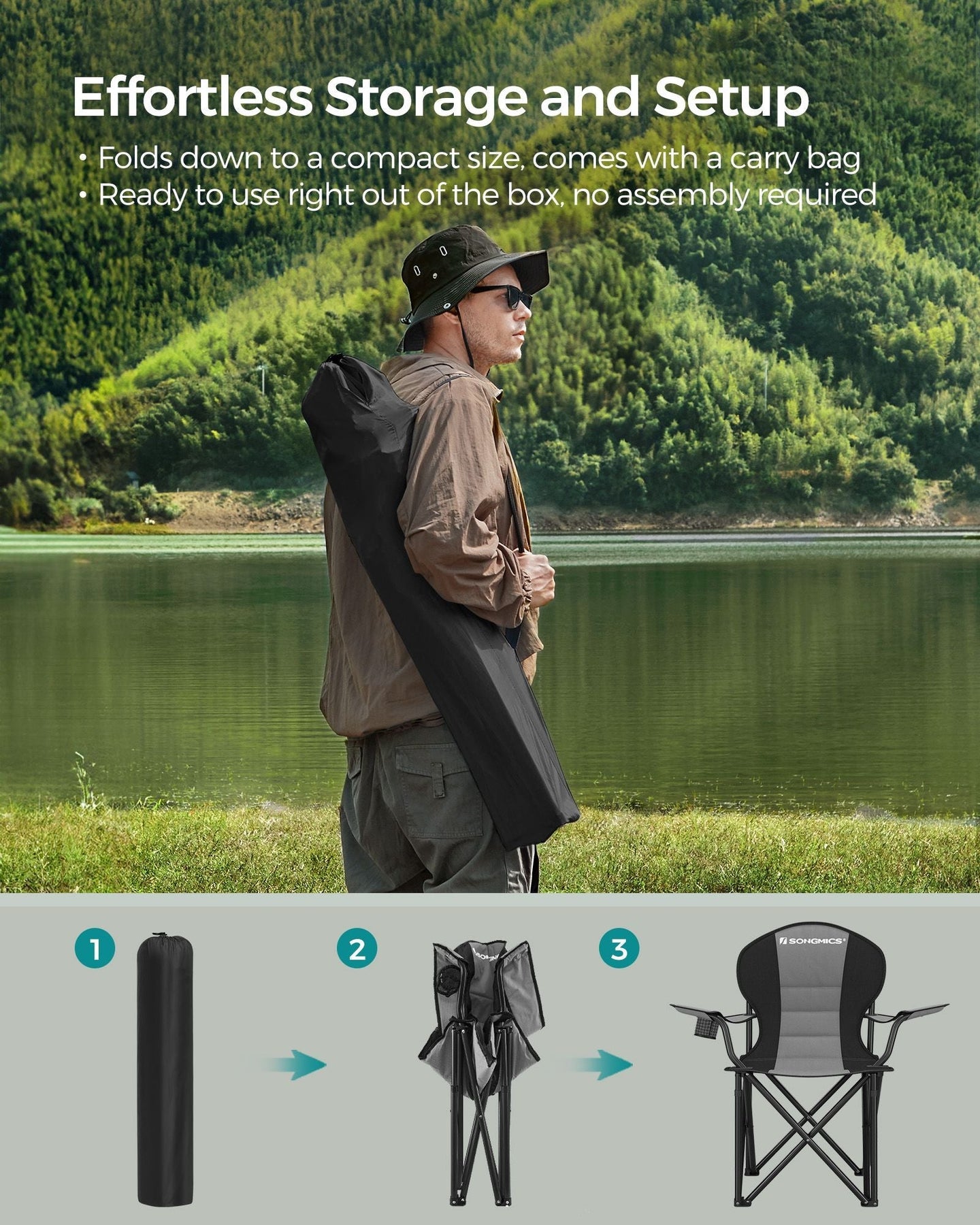 Foldable Camping Chair - Fabric - Black and Grey - Max. Load Capacity 250 kg with Cup Holder