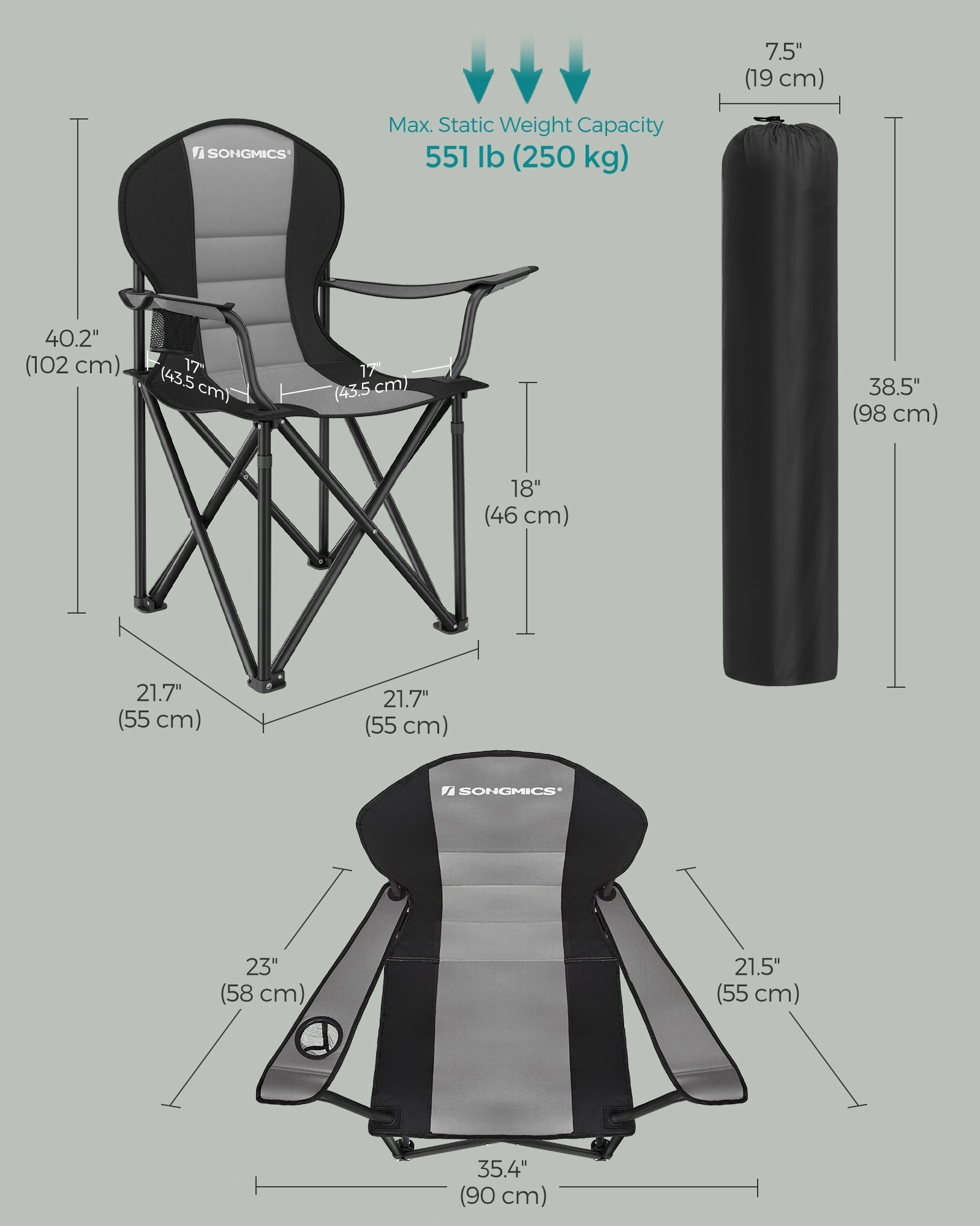 Foldable Camping Chair - Fabric - Black and Grey - Max. Load Capacity 250 kg with Cup Holder