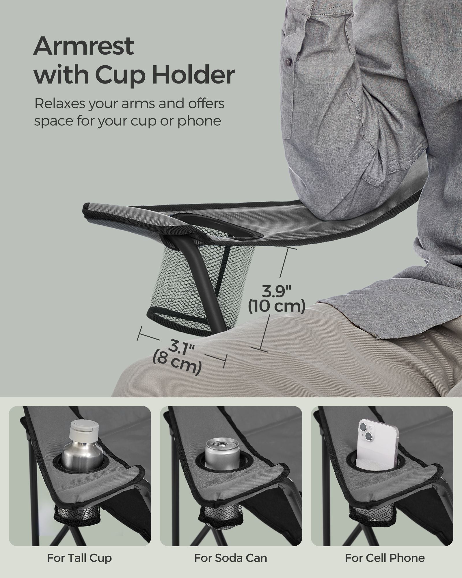 Foldable Camping Chair - Fabric - Black and Grey - Max. Load Capacity 250 kg with Cup Holder