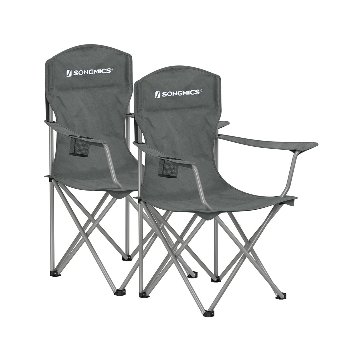 Set of 2 Heavy Duty Folding Camping Chairs - Fabric - Slate Grey - Comfortable with Cup Holder