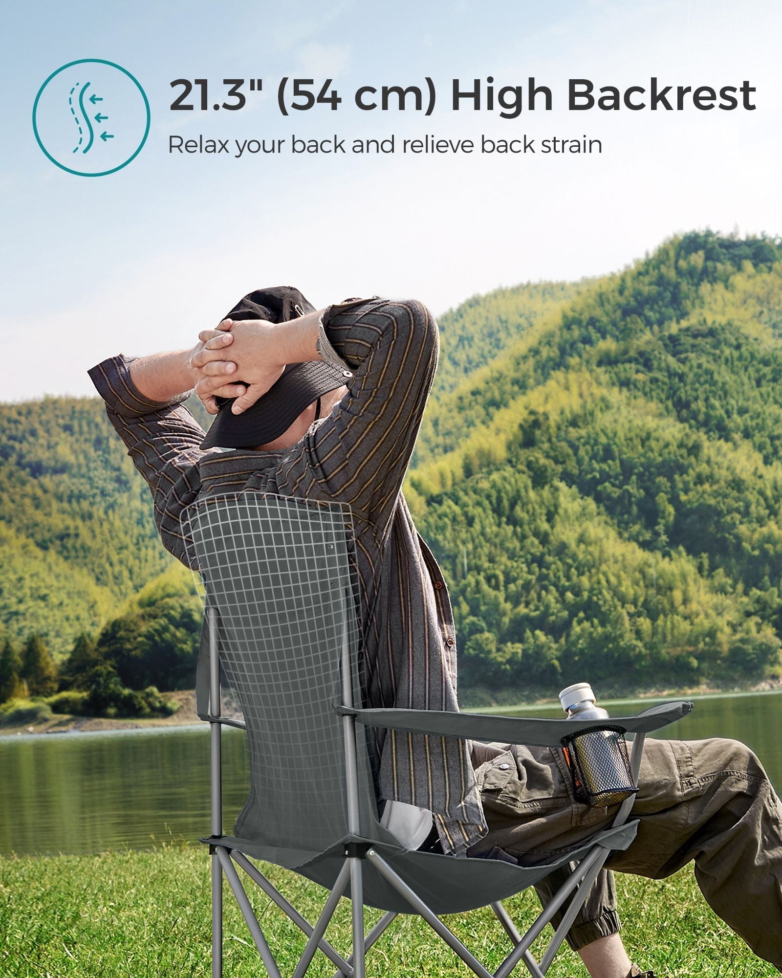 Set of 2 Heavy Duty Folding Camping Chairs - Fabric - Slate Grey - Comfortable with Cup Holder