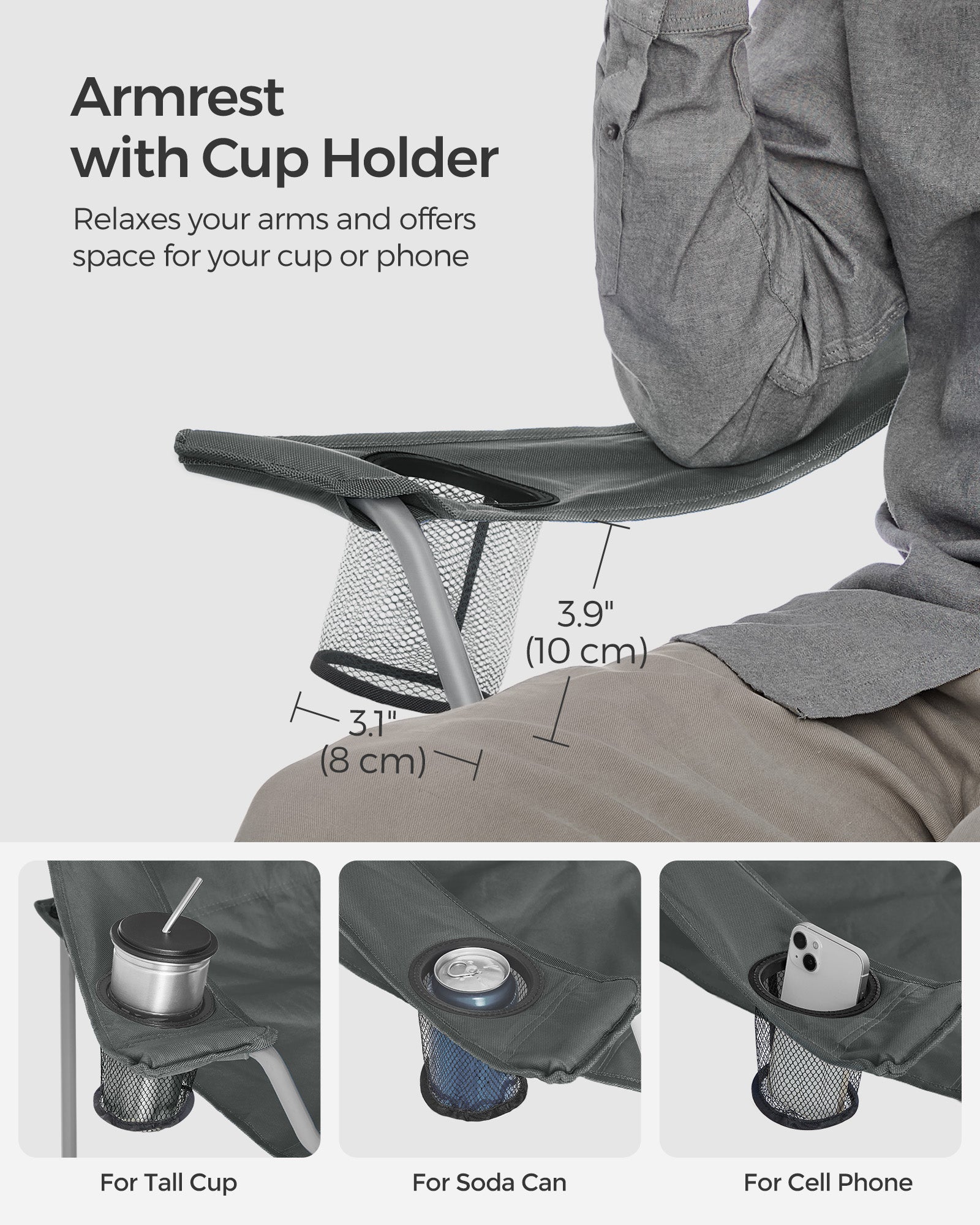 Set of 2 Heavy Duty Folding Camping Chairs - Fabric - Slate Grey - Comfortable with Cup Holder