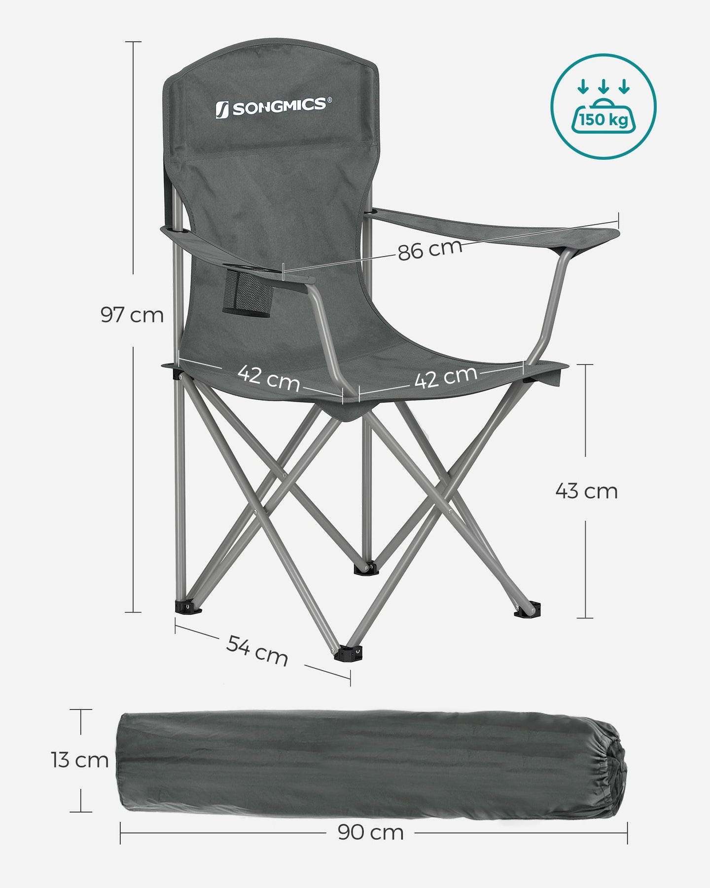 Set of 2 Heavy Duty Folding Camping Chairs - Fabric - Slate Grey - Comfortable with Cup Holder