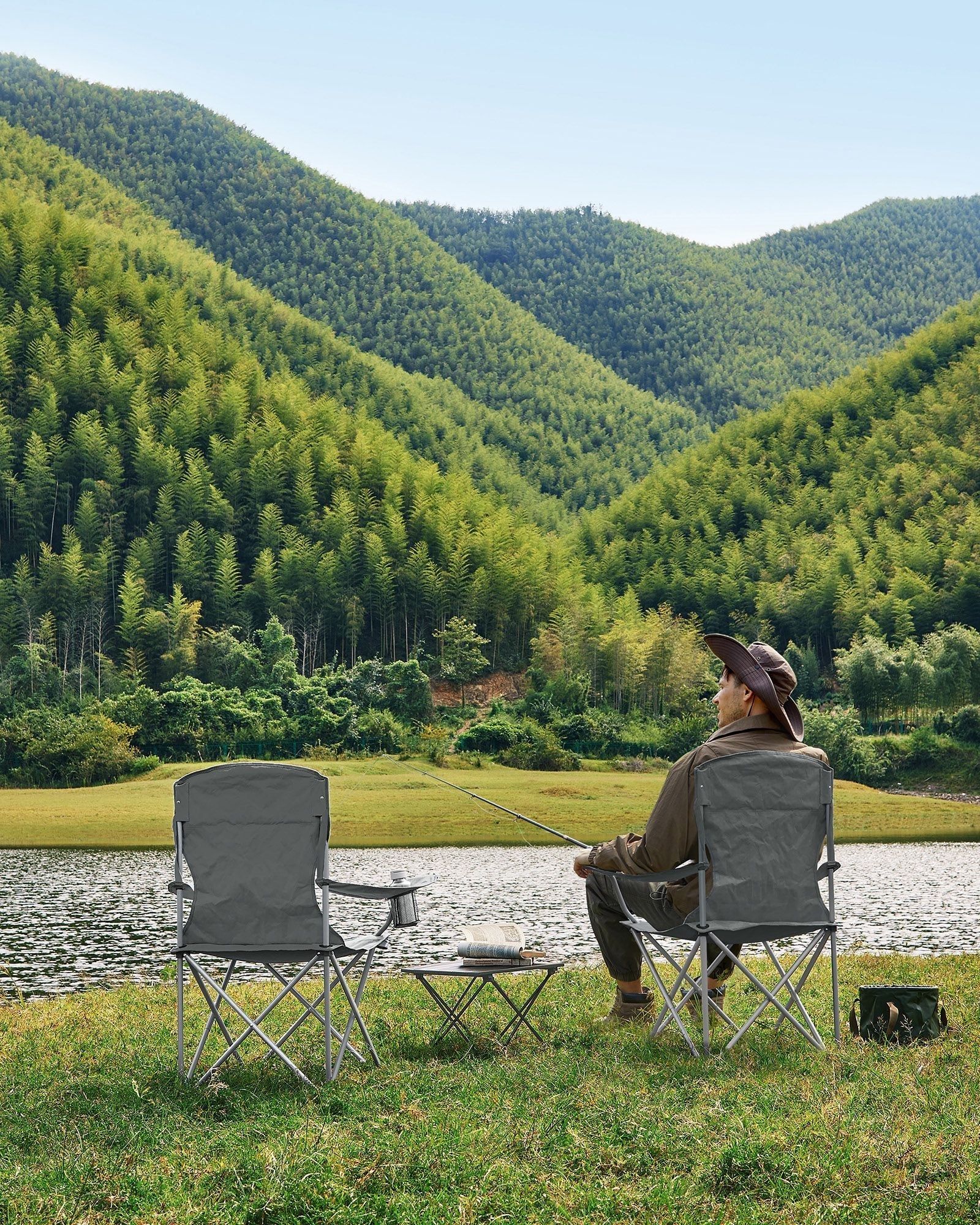 Set of 2 Heavy Duty Folding Camping Chairs - Fabric - Slate Grey - Comfortable with Cup Holder