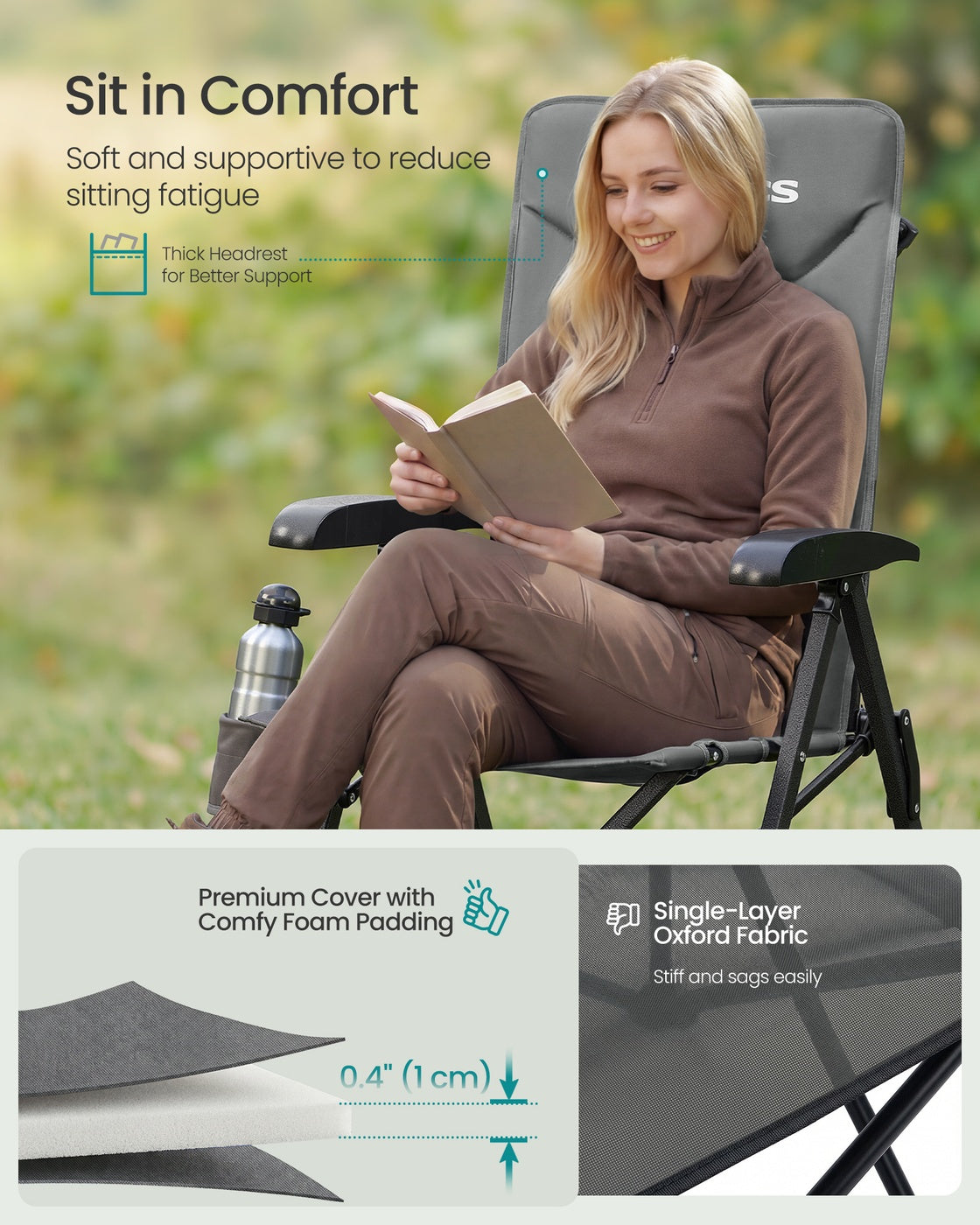 Reclining Camping Chair - 27.6D x 23.6W x 43.3H - Foam - Padded Seat