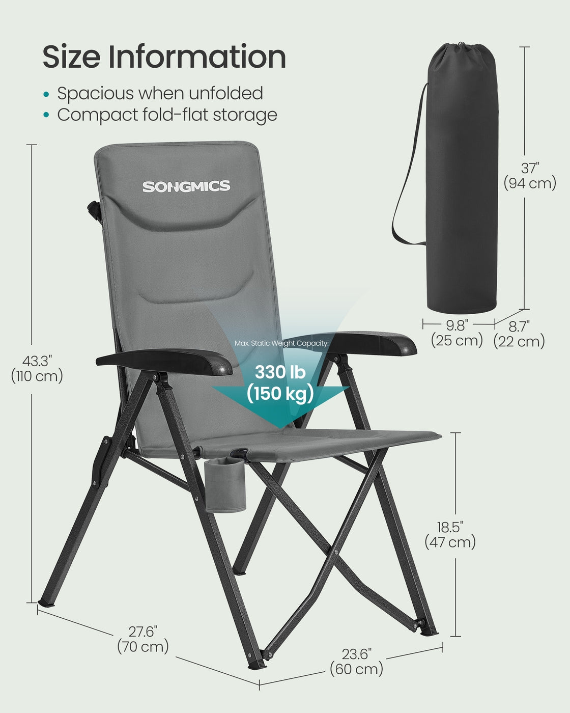 Reclining Camping Chair - 27.6D x 23.6W x 43.3H - Foam - Padded Seat