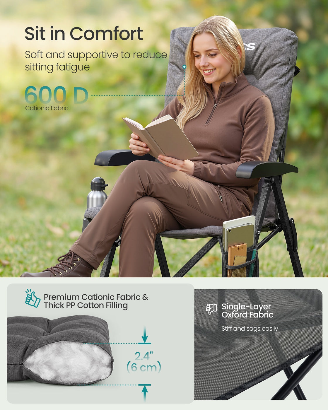 Reclining Camping Chair - 27.6" x 23.4" x 43.3" - Steel - Padded Seat