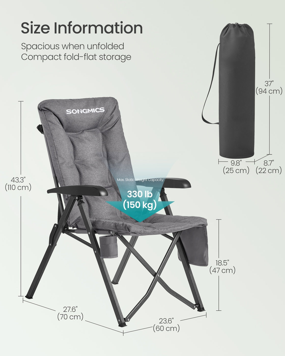 Reclining Camping Chair - 27.6" x 23.4" x 43.3" - Steel - Padded Seat
