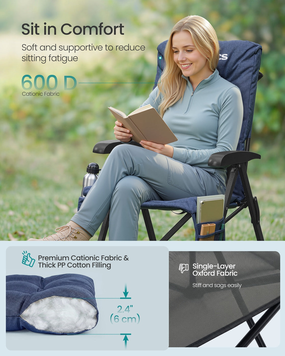 Reclining Camping Chair - 27.6D x 23.4W x 43.3H - Foam - Padded Seat