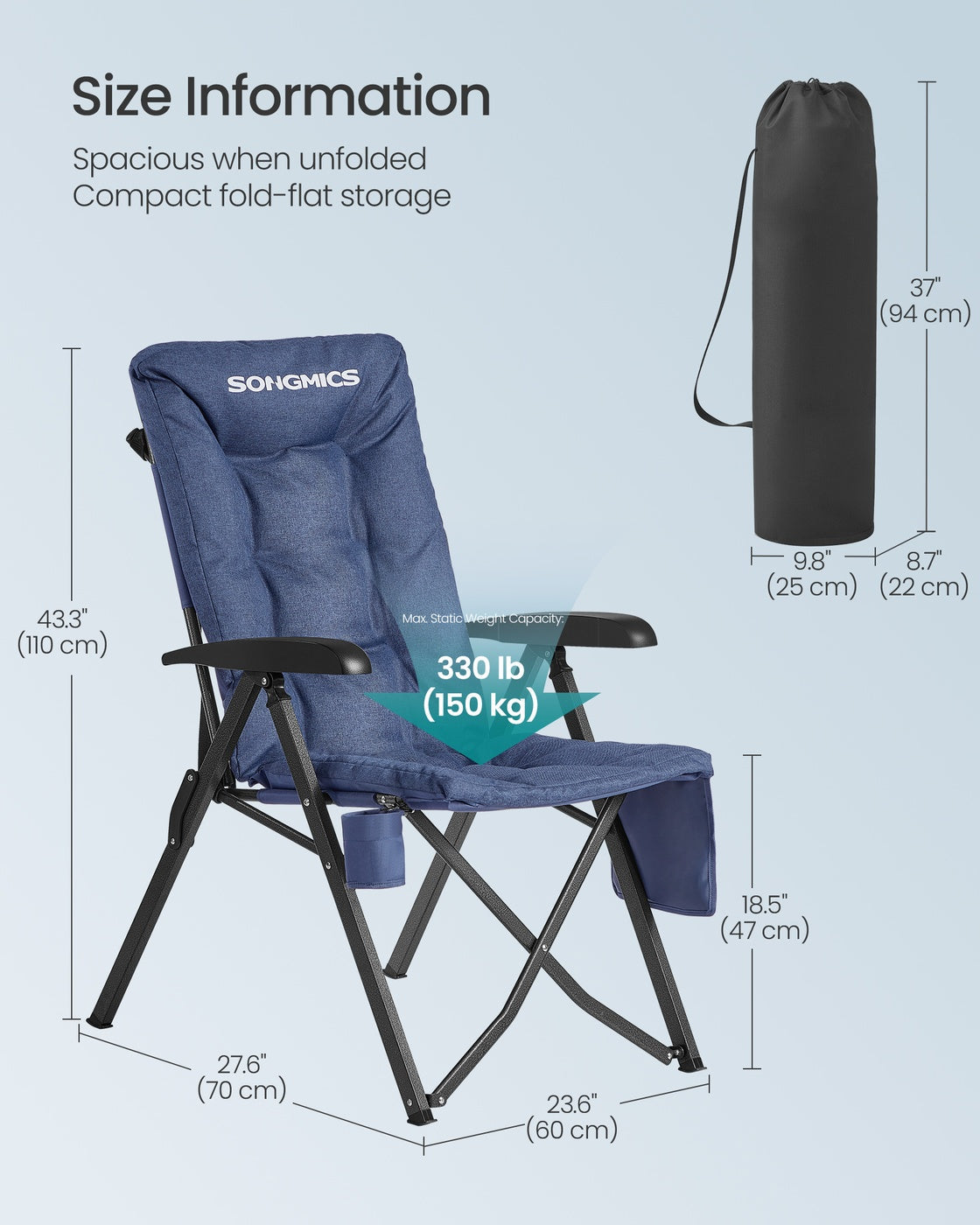Reclining Camping Chair - 27.6D x 23.4W x 43.3H - Foam - Padded Seat