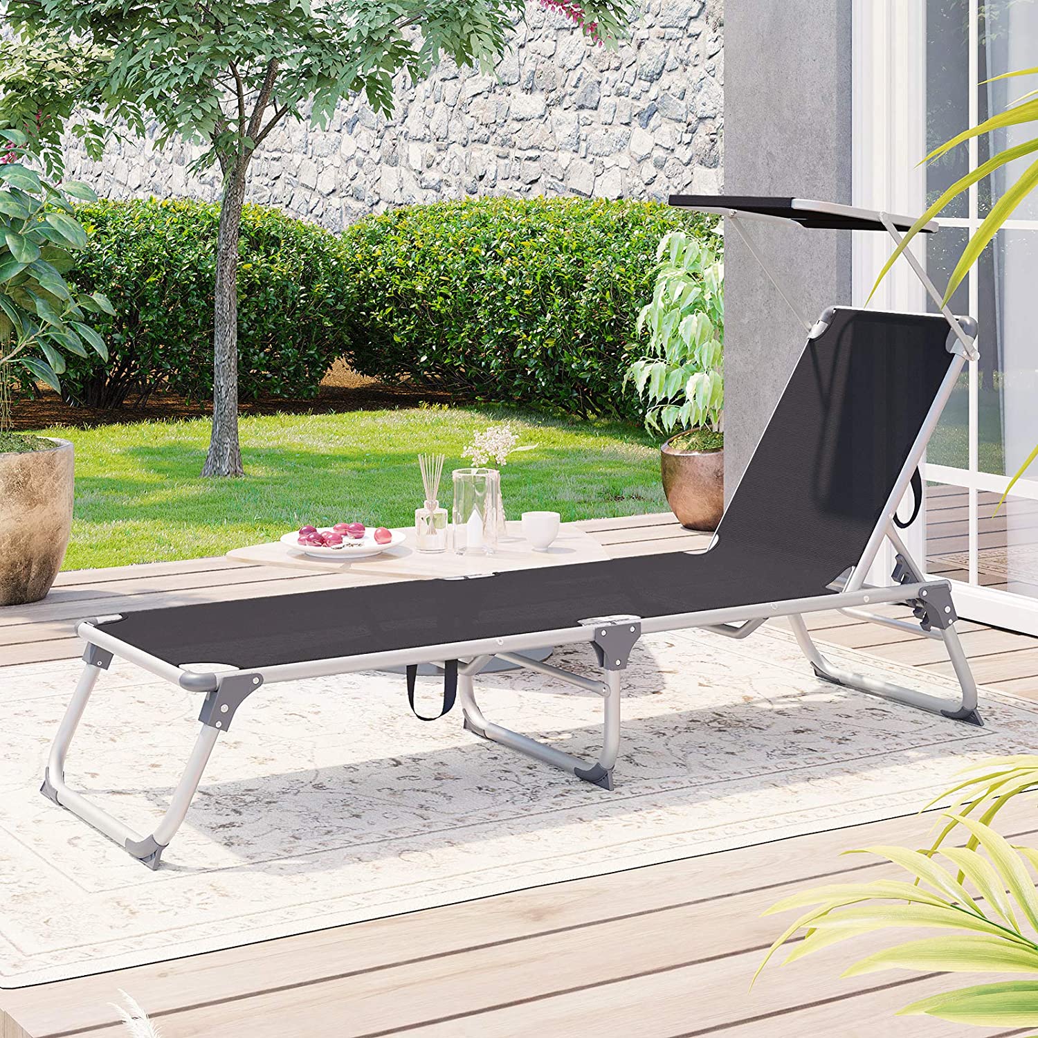 Foldable Sun Lounger Chair - Fabric - Black - Includes Sunshade
