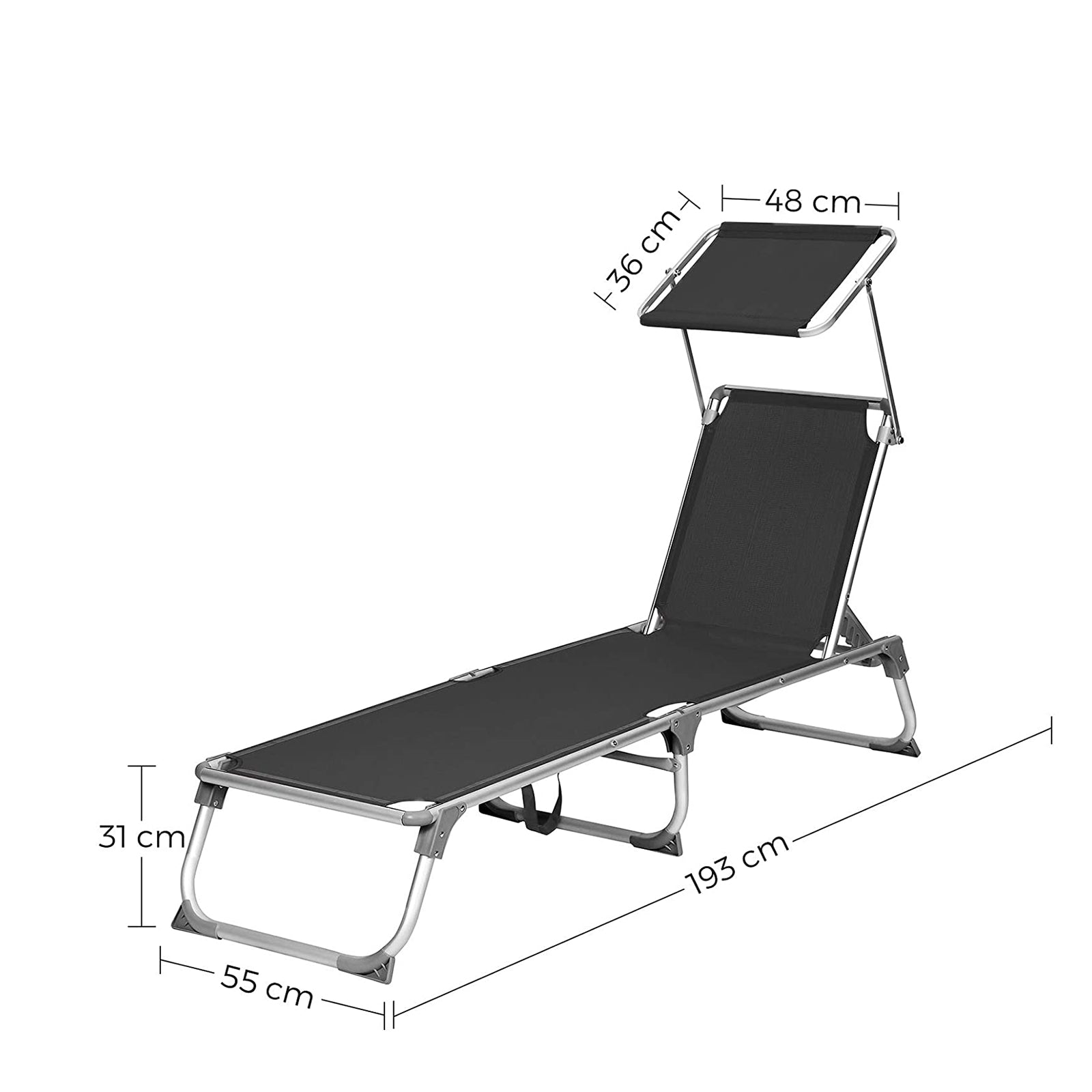 Foldable Sun Lounger Chair - Fabric - Black - Includes Sunshade