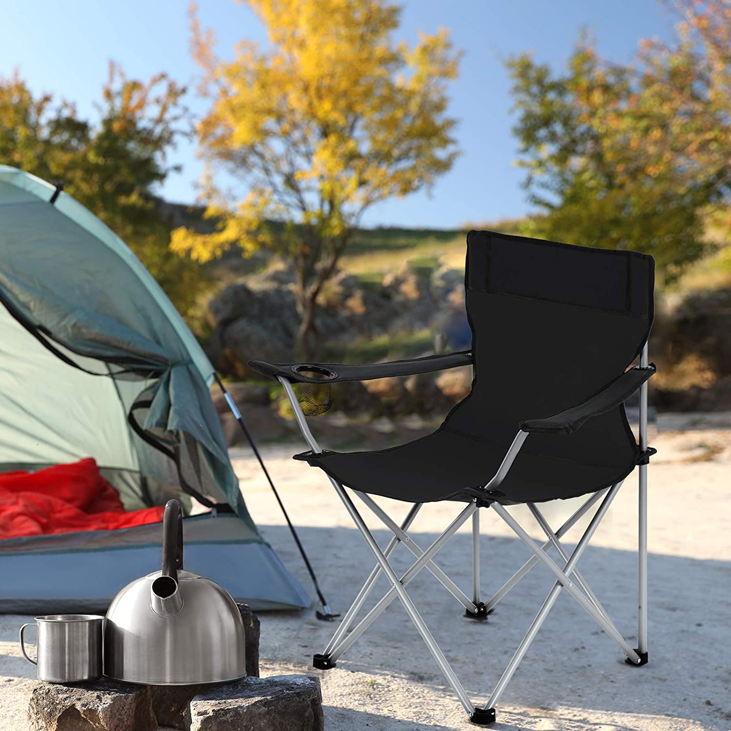 Set of 2 Folding Camping Chairs - Fabric - Dark Blue - Portable with Armrests and Cup Holder