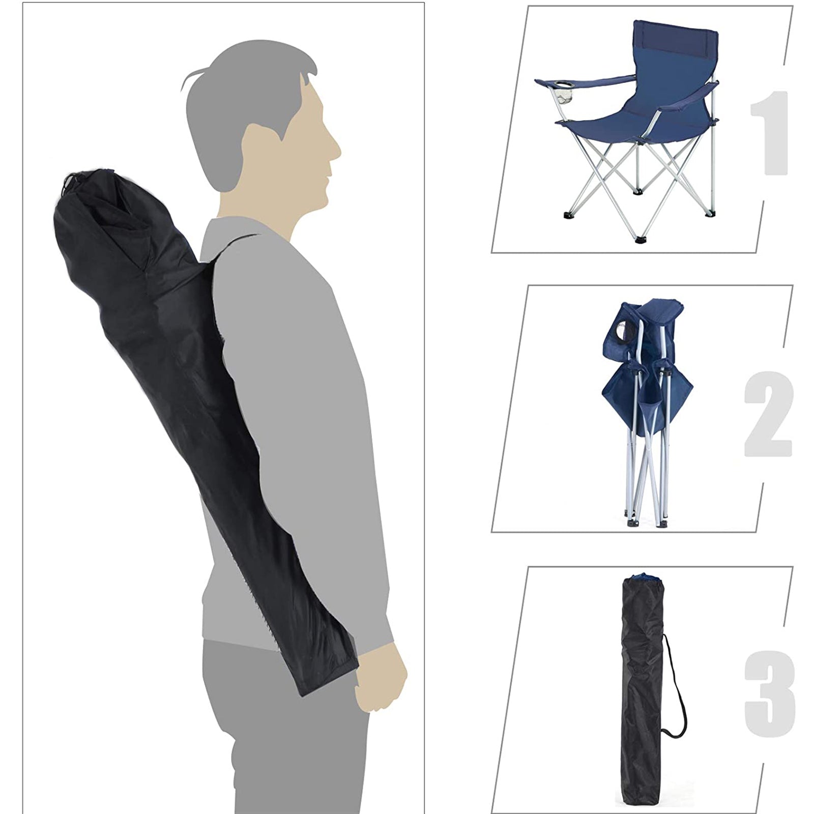 Set of 2 Folding Camping Chairs - Fabric - Dark Blue - Portable with Armrests and Cup Holder