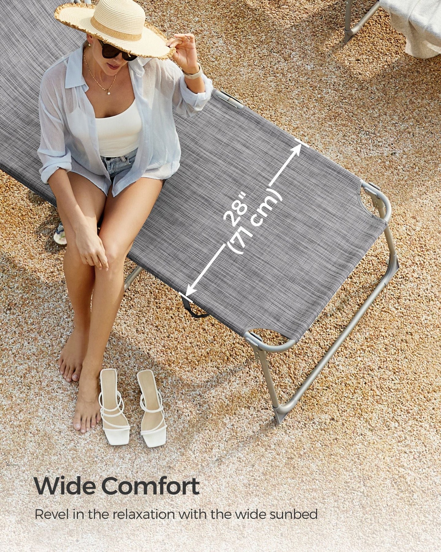Folding Sun Lounger - Greige - Large Reclining Design with Adjustable Backrest and Sunshade