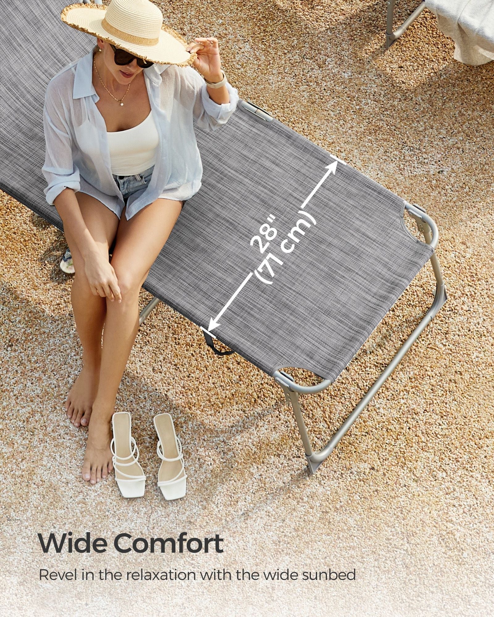 Folding Sun Lounger - Greige - Large Reclining Design with Adjustable Backrest and Sunshade