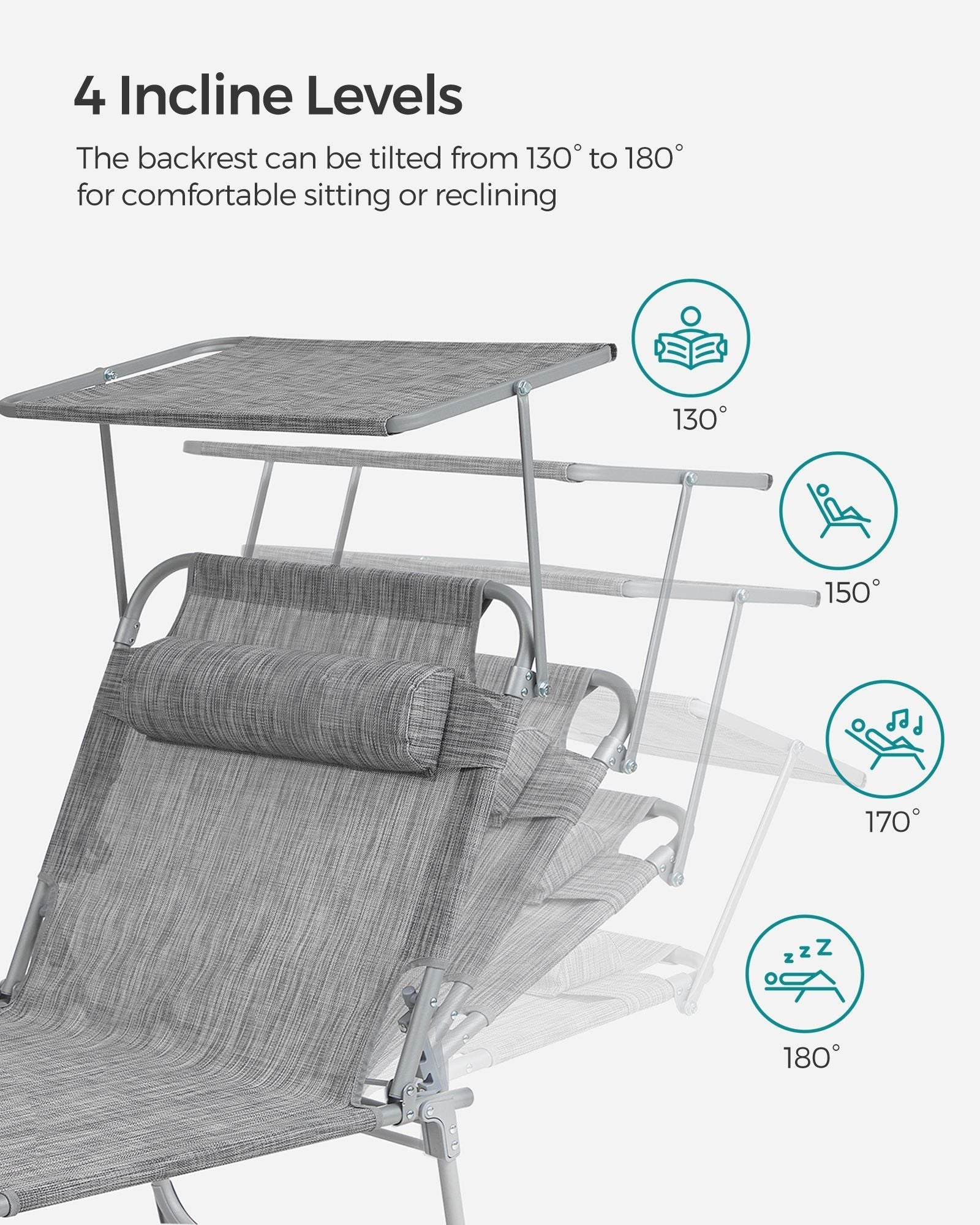 Folding Sun Lounger - Greige - Large Reclining Design with Adjustable Backrest and Sunshade