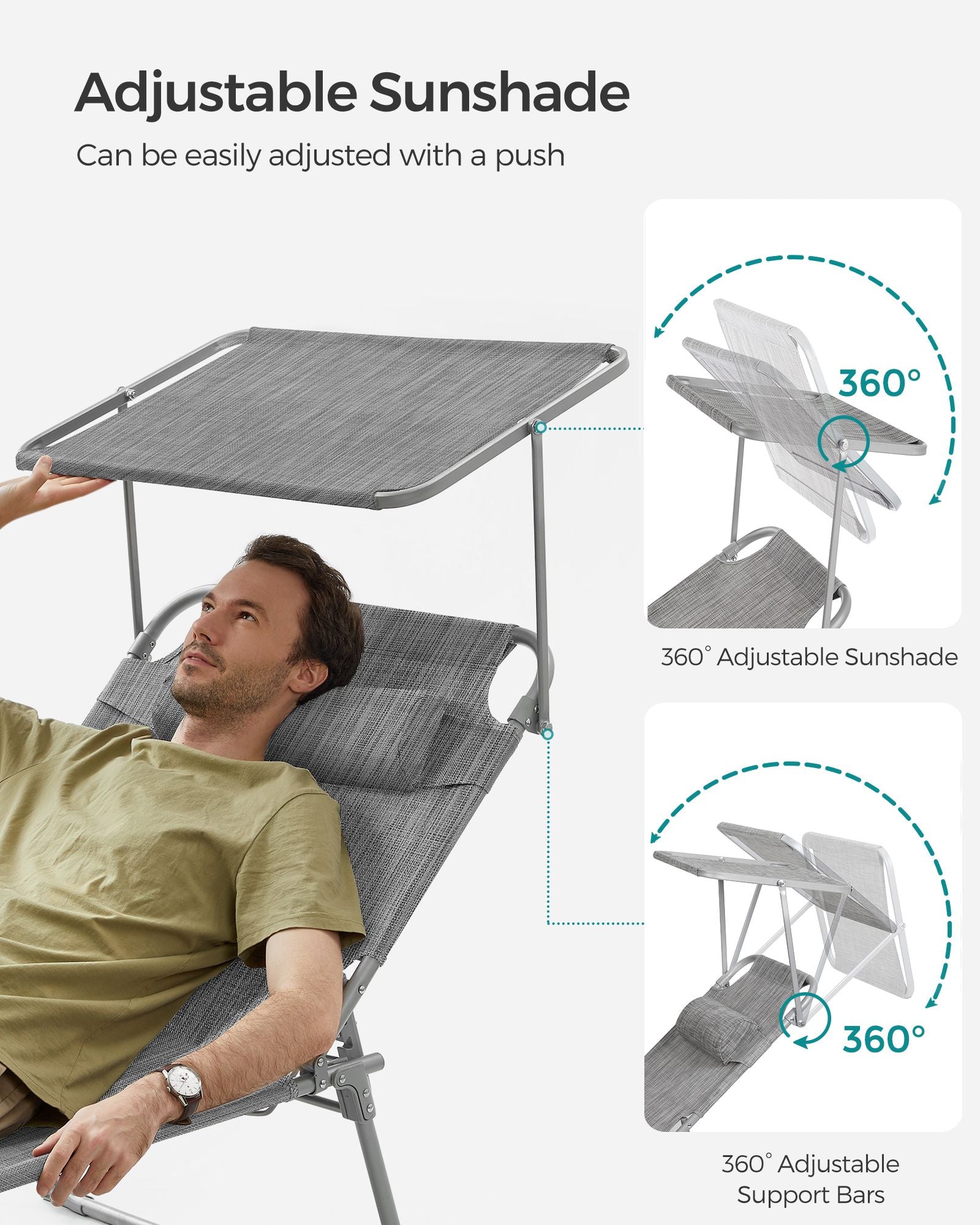 Folding Sun Lounger - Greige - Large Reclining Design with Adjustable Backrest and Sunshade