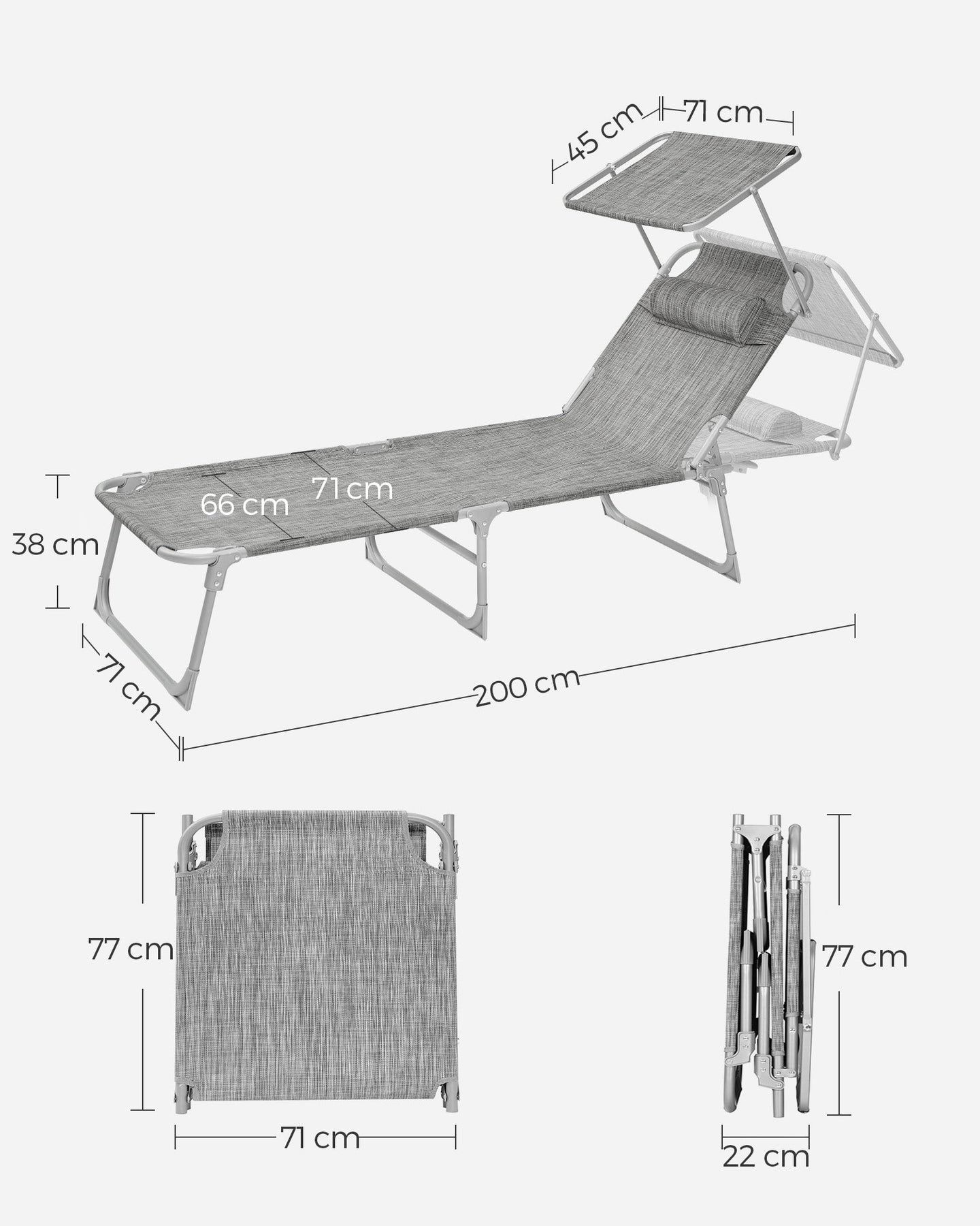 Folding Sun Lounger - Greige - Large Reclining Design with Adjustable Backrest and Sunshade
