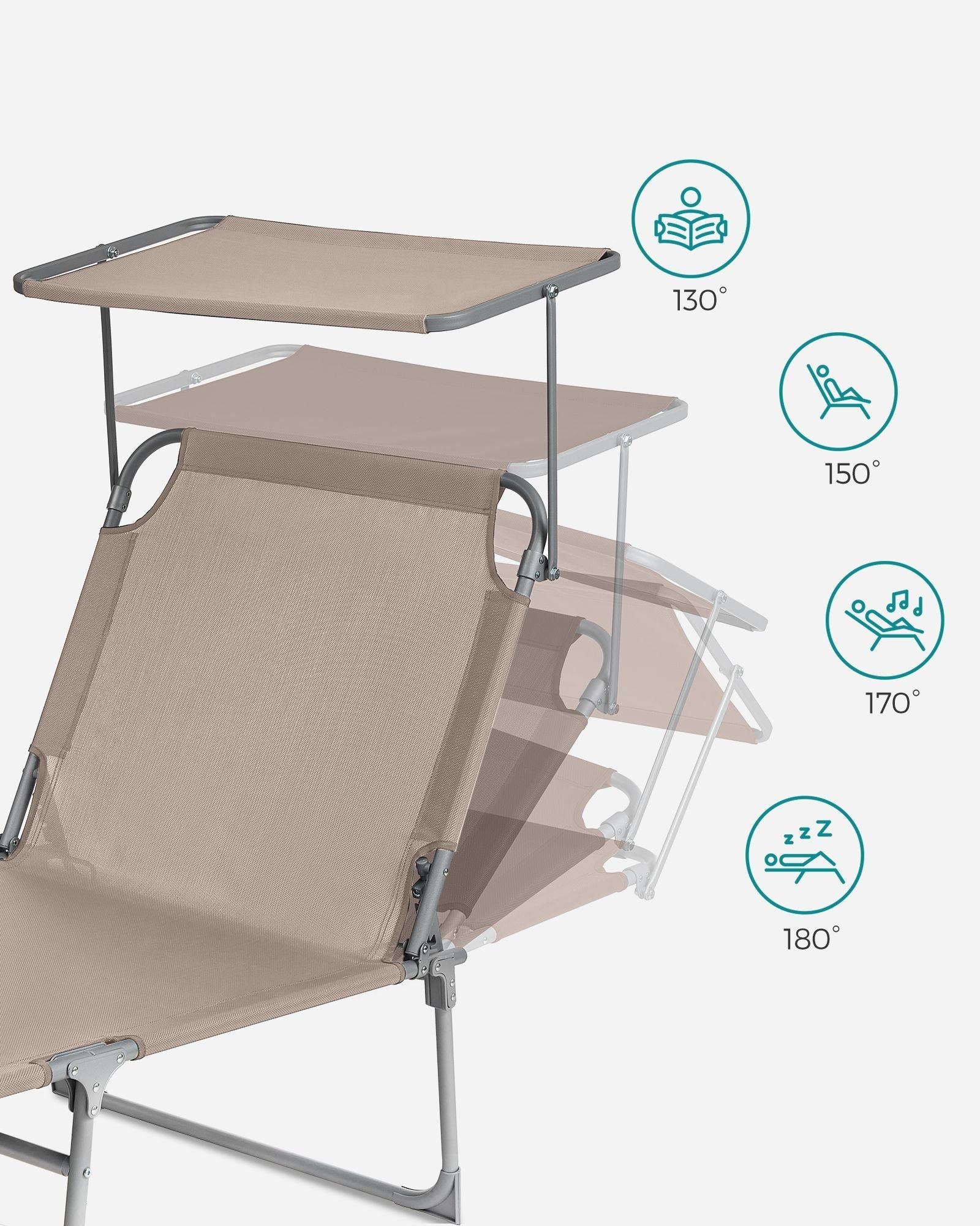 Large Reclining Sun Chair - Fabric - Grey - Adjustable Backrest with Sunshade Headrest
