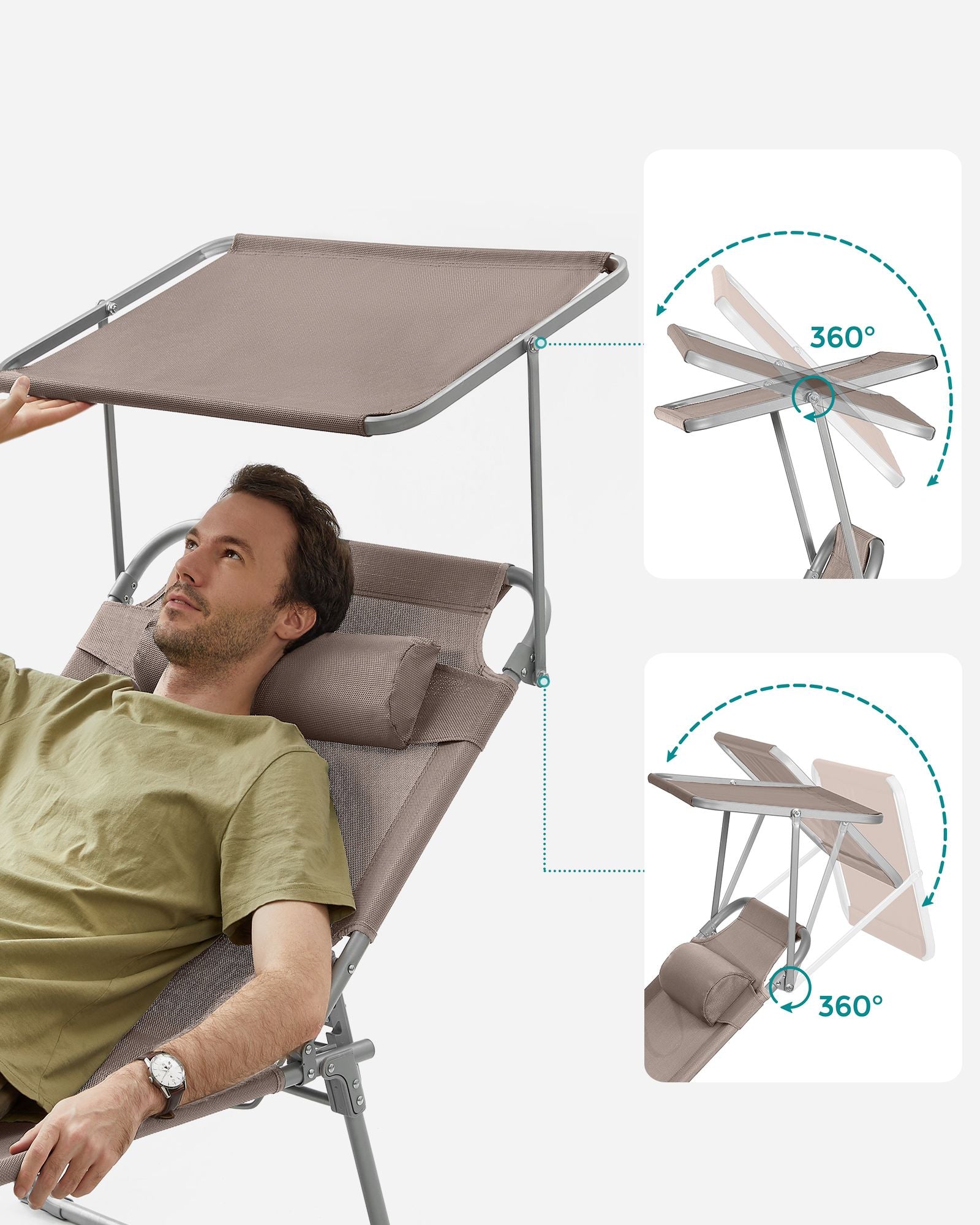 Large Reclining Sun Chair - Fabric - Grey - Adjustable Backrest with Sunshade Headrest