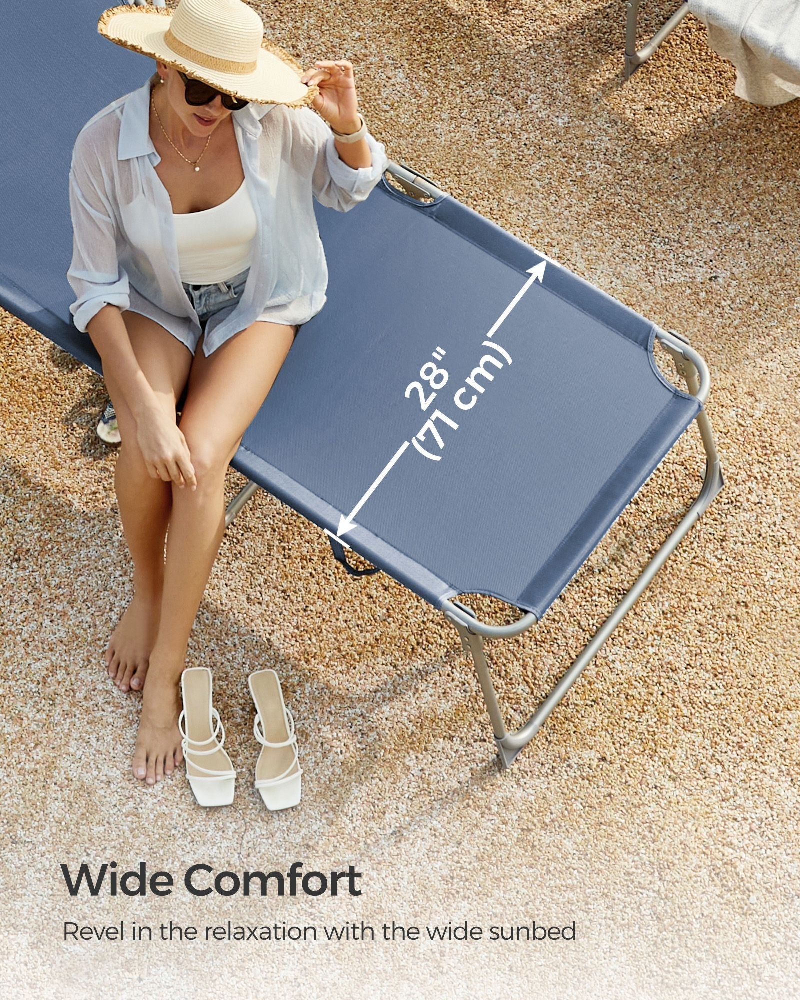 Folding Sun Lounger - Fabric - Misty Blue - Adjustable Backrest with Sunshade