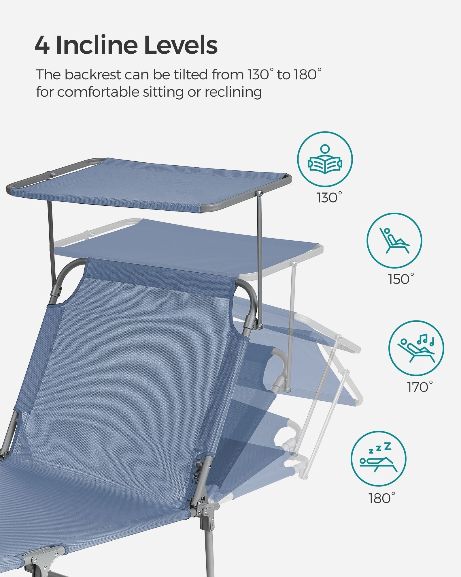 Folding Sun Lounger - Fabric - Misty Blue - Adjustable Backrest with Sunshade
