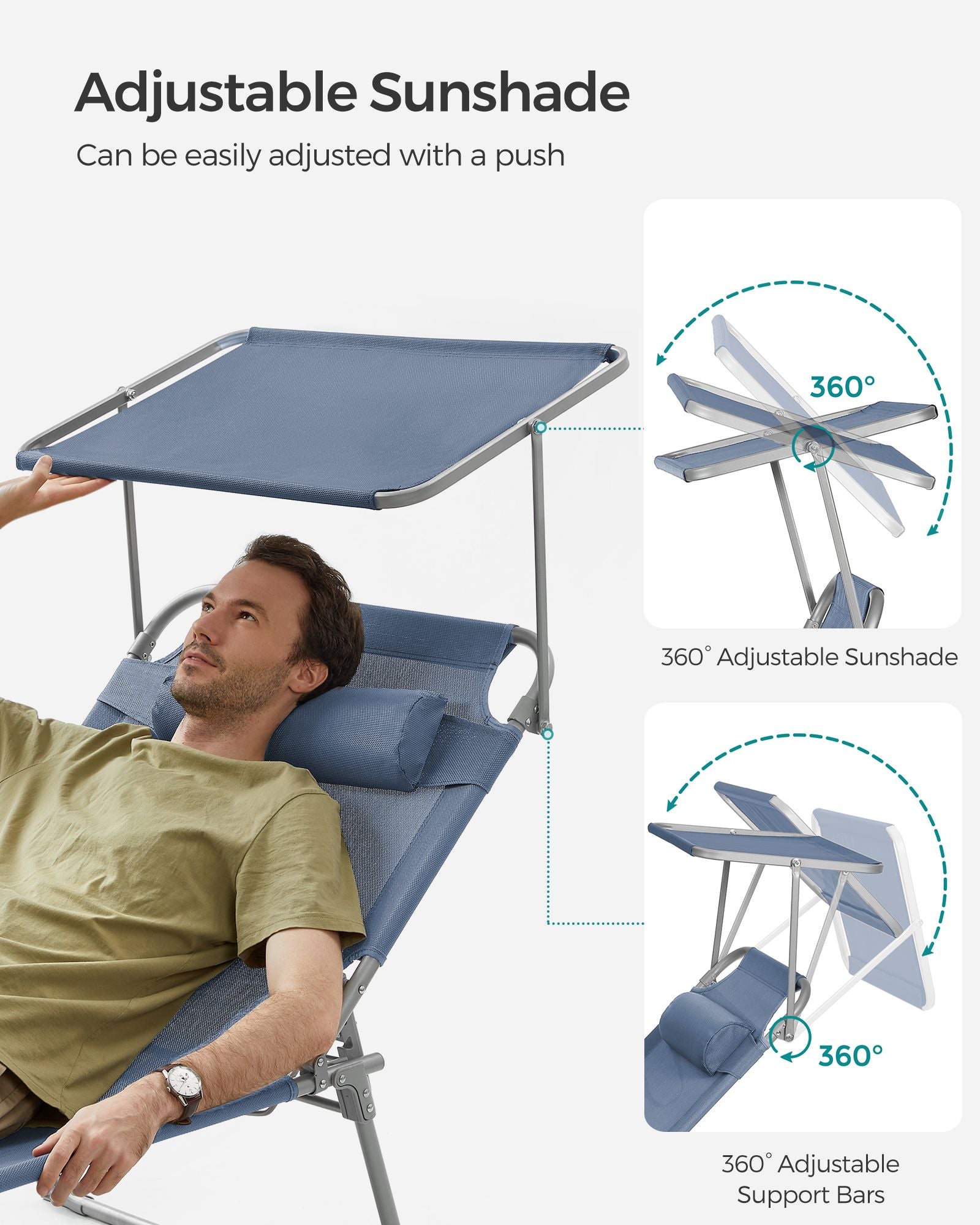 Folding Sun Lounger - Fabric - Misty Blue - Adjustable Backrest with Sunshade
