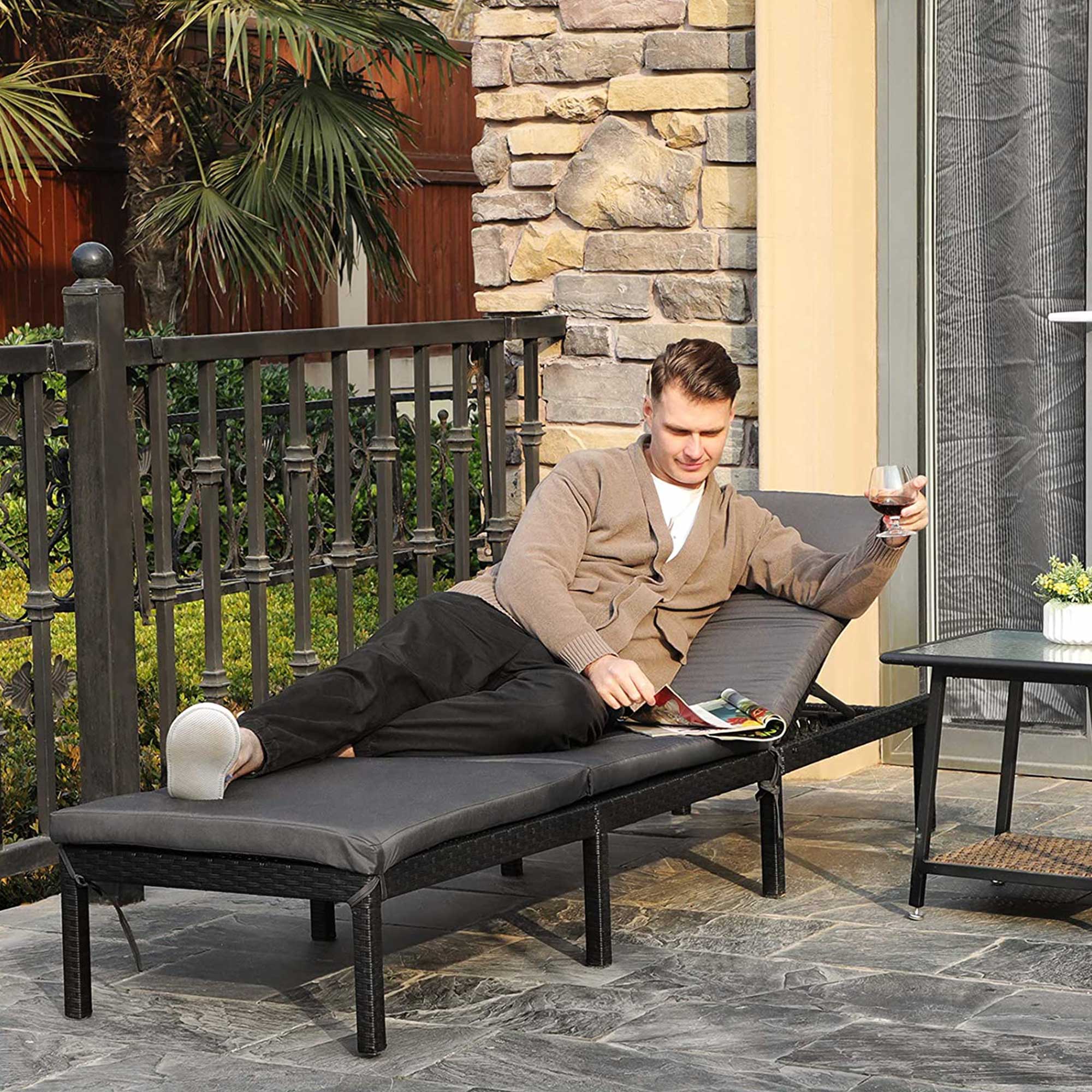 Sun Lounger - Rattan-Like - Smoky Grey and Black - Reclining Backrest with Thick Mattress