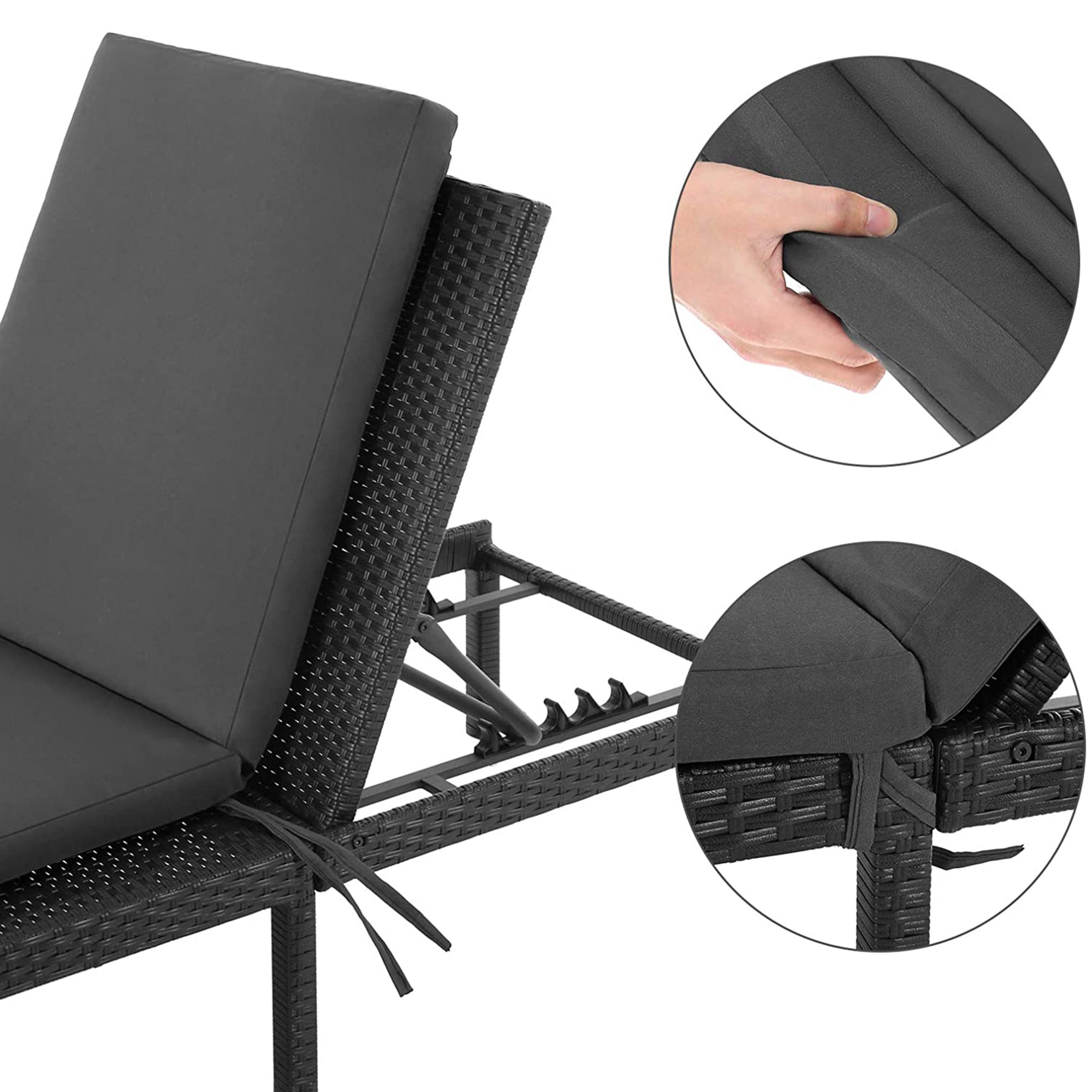 Sun Lounger - Rattan-Like - Smoky Grey and Black - Reclining Backrest with Thick Mattress