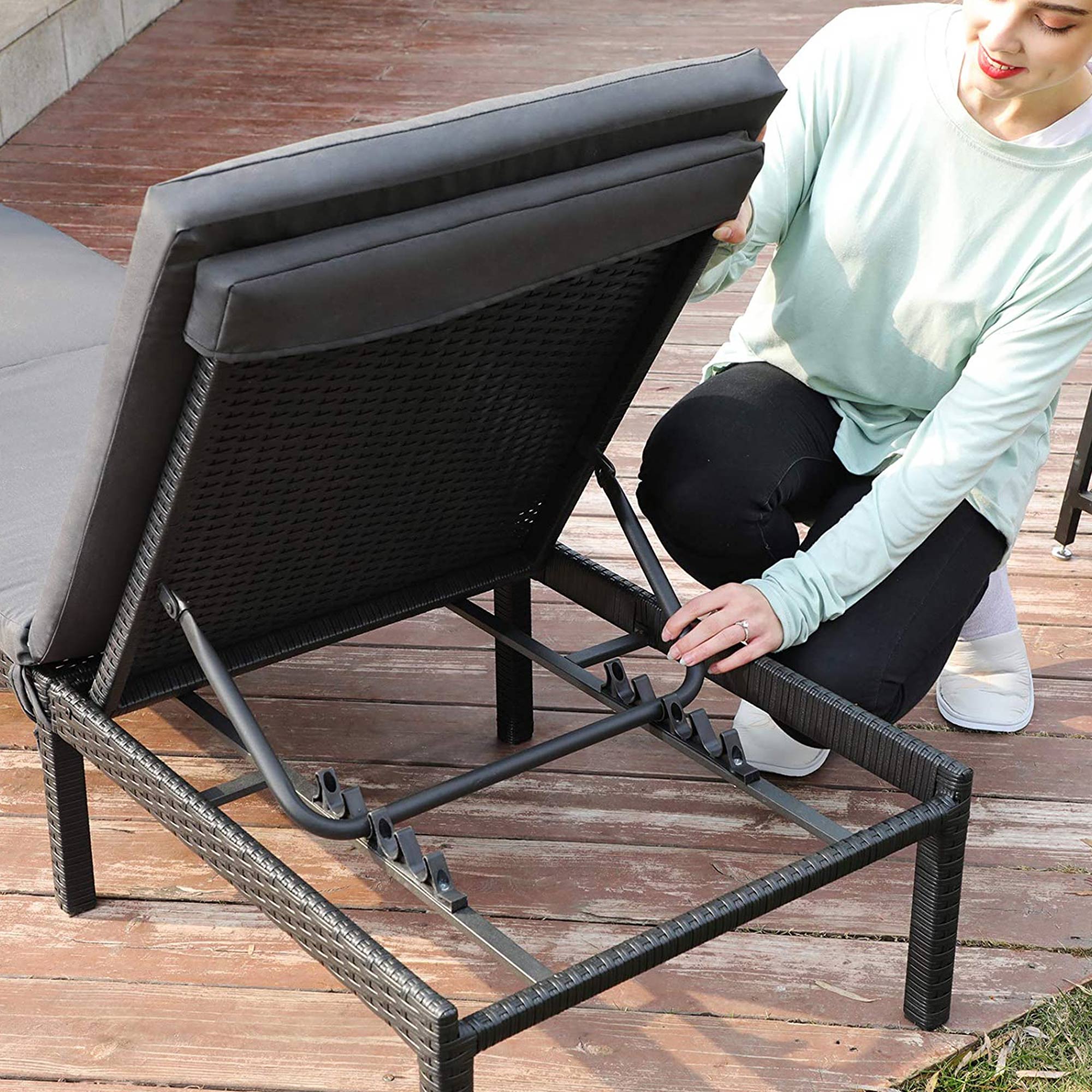 Sun Lounger - Rattan-Like - Smoky Grey and Black - Reclining Backrest with Thick Mattress